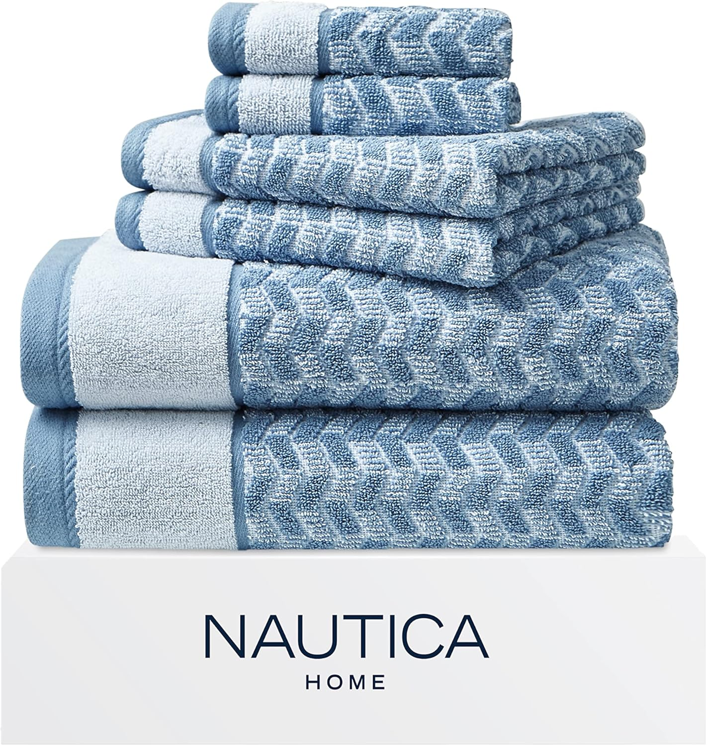 Nautica Home 6Pc Towel Set 100% Terry Cotton, Oeko-Tex Certified, Super Soft & Absorbant, Medium-Weight, 6 Piece, Zane Chevron