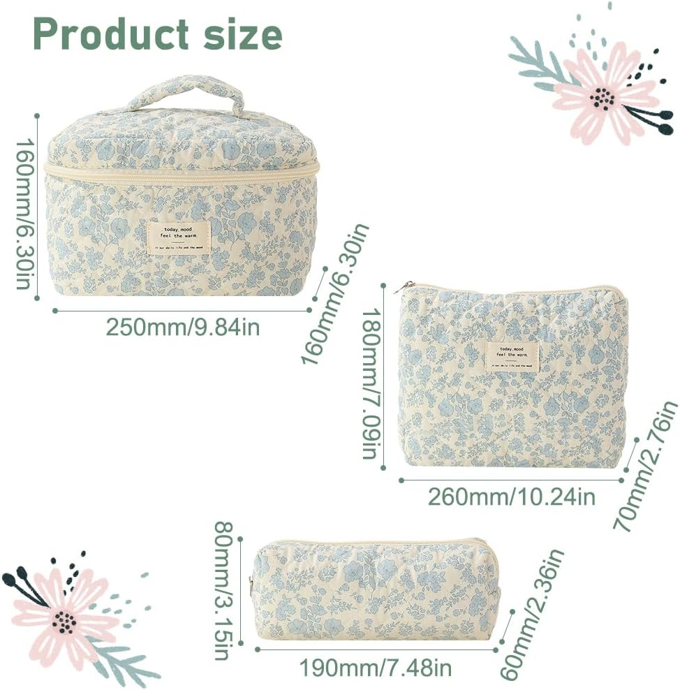 Cessfle Large Capacity Travel Cosmetic Bag Cotton Quilted Makeup Bag Cute Flower Makeup Bag Coquette Aesthetic Cosmetic Bag Large Floral Toiletry Bag for Women&hellip;, 9.75*6.24*6.24In - 01-3 Pcs image number 6