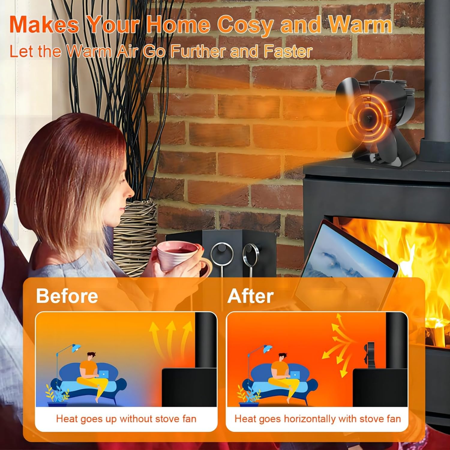 4-Blade Heat Powered Stove Fan for Wood/Log Burner/Fireplace Increases 80% More Warm Air than 2 Blade Fan- Eco Friendly image number 3