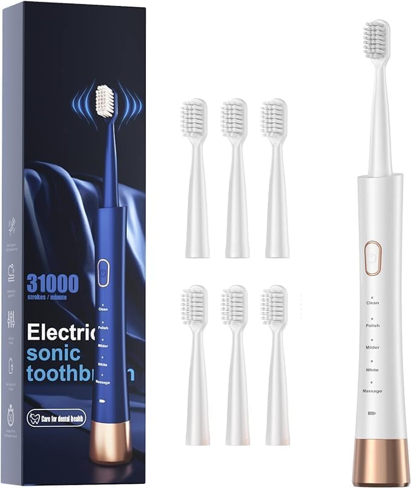 Oolong USB Rechargeable Sonic Electric Toothbrush for Adults, Powered Motor High Vibration Teeth & Gum Care, Soft Dupont Brush Heads, 2 Minutes Timer 5 Modes, White image number 2