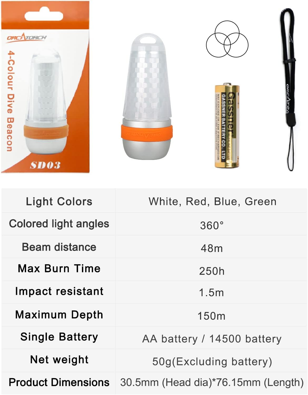 ORCATORCH SD03 Dive Beacon 4-Color-In-1 (Blue, Red, White, Green) 8 Modes Scuba Diving Signal Light with Constant Light or Flashing Mode Night Dive LED Marker Light, for 150M Underwater Diving