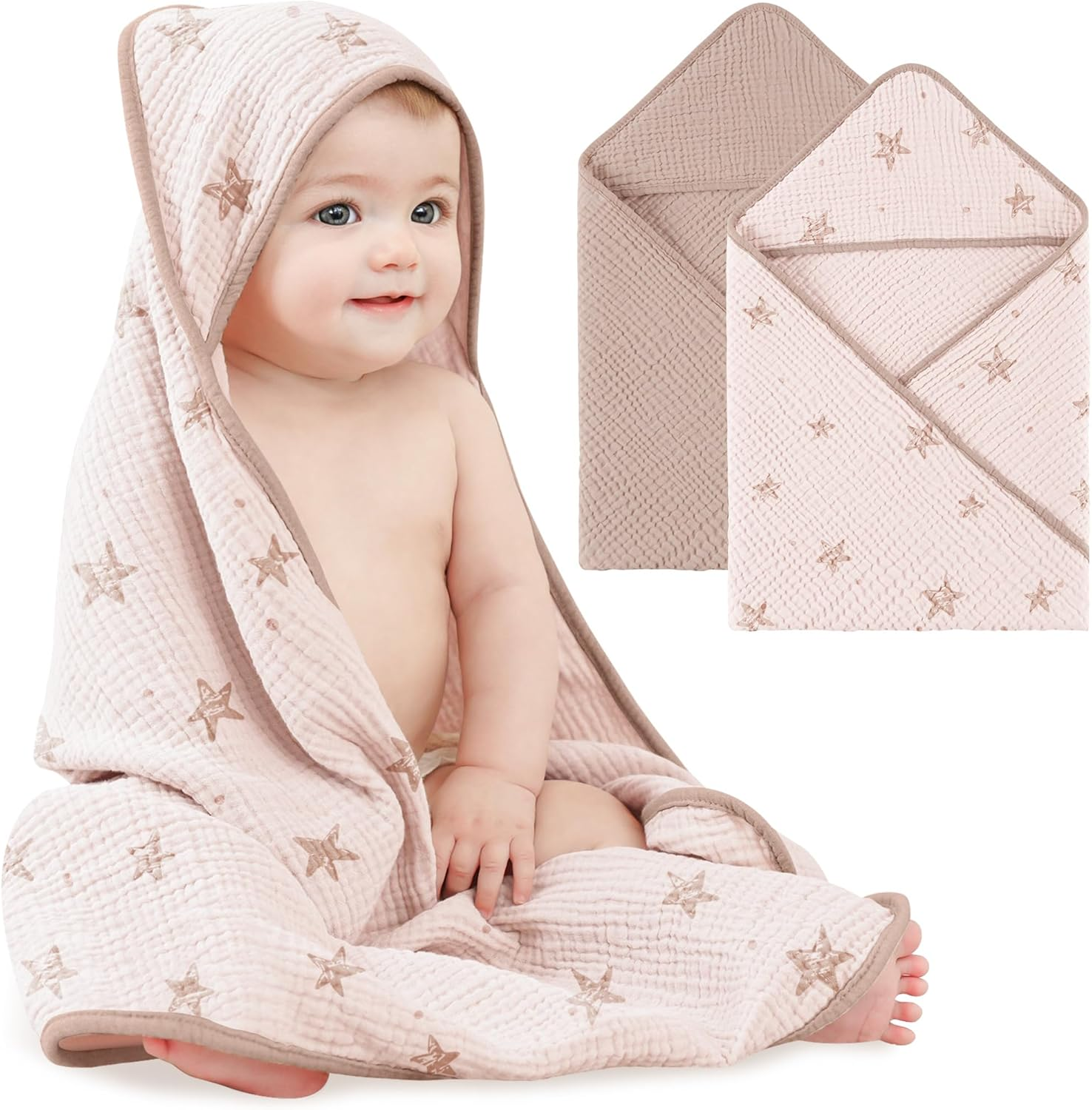 Bearmoss Muslin Baby Bath Towels 100% Cotton Baby Hooded Bathing Towels for Newborn Unisex Baby Boys Girls Infants Toddlers & Kids - 30X30In 2Pack (Cream Star)