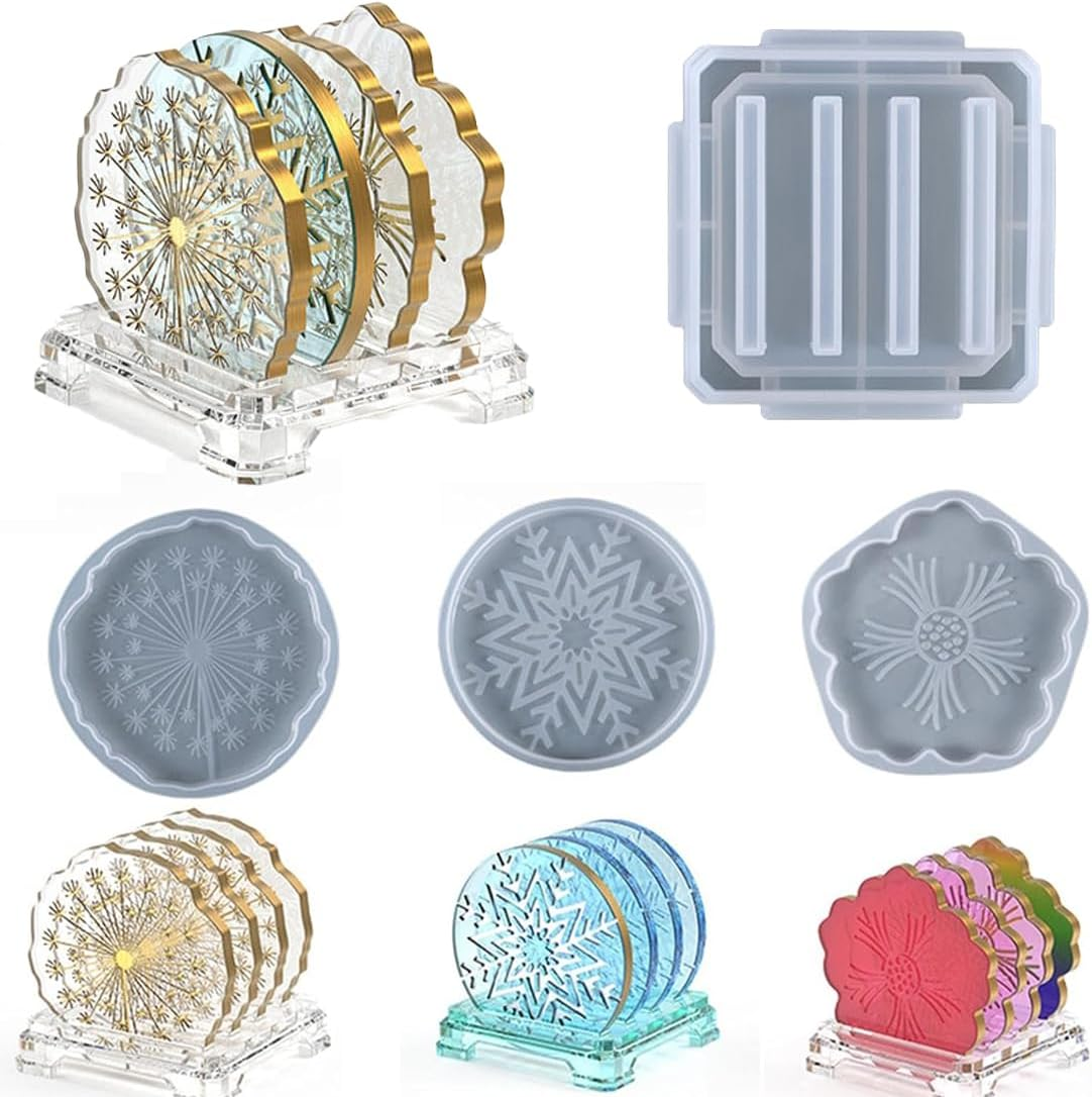 4PCS Coaster Resin Moulds Silicone Dandelion Snowflake Sakura Coaster Moulds with Holder Molds for Epoxy Resin DIY Art Craft Cup Mats image number 4
