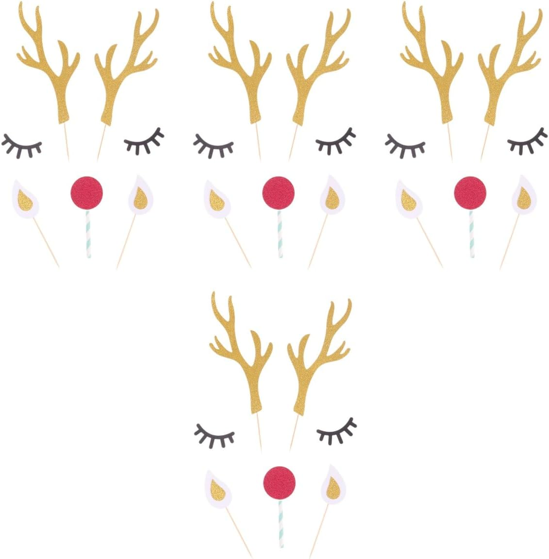 LUOZZY 20 Sets Christmas Deer Cake Toppers Glitter Elk Cake Decoration Antler Deer Eyes Nose Cupcake Picks Xmas Party Supplies - Random Color