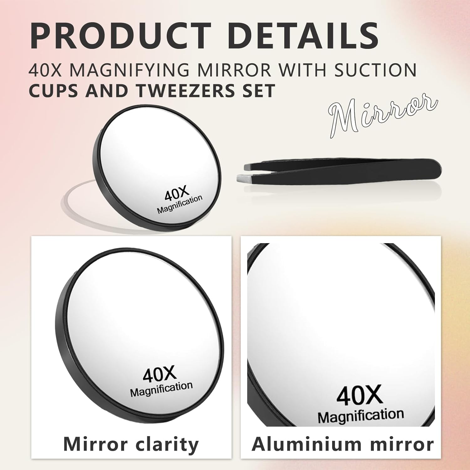 Cosmeria 40X Magnifying Mirror with Suction Cups and Tweezers Set, Cosmetic Mirror with Strong Magnification for Precise Makeup and Eyebrow Plucking image number 4