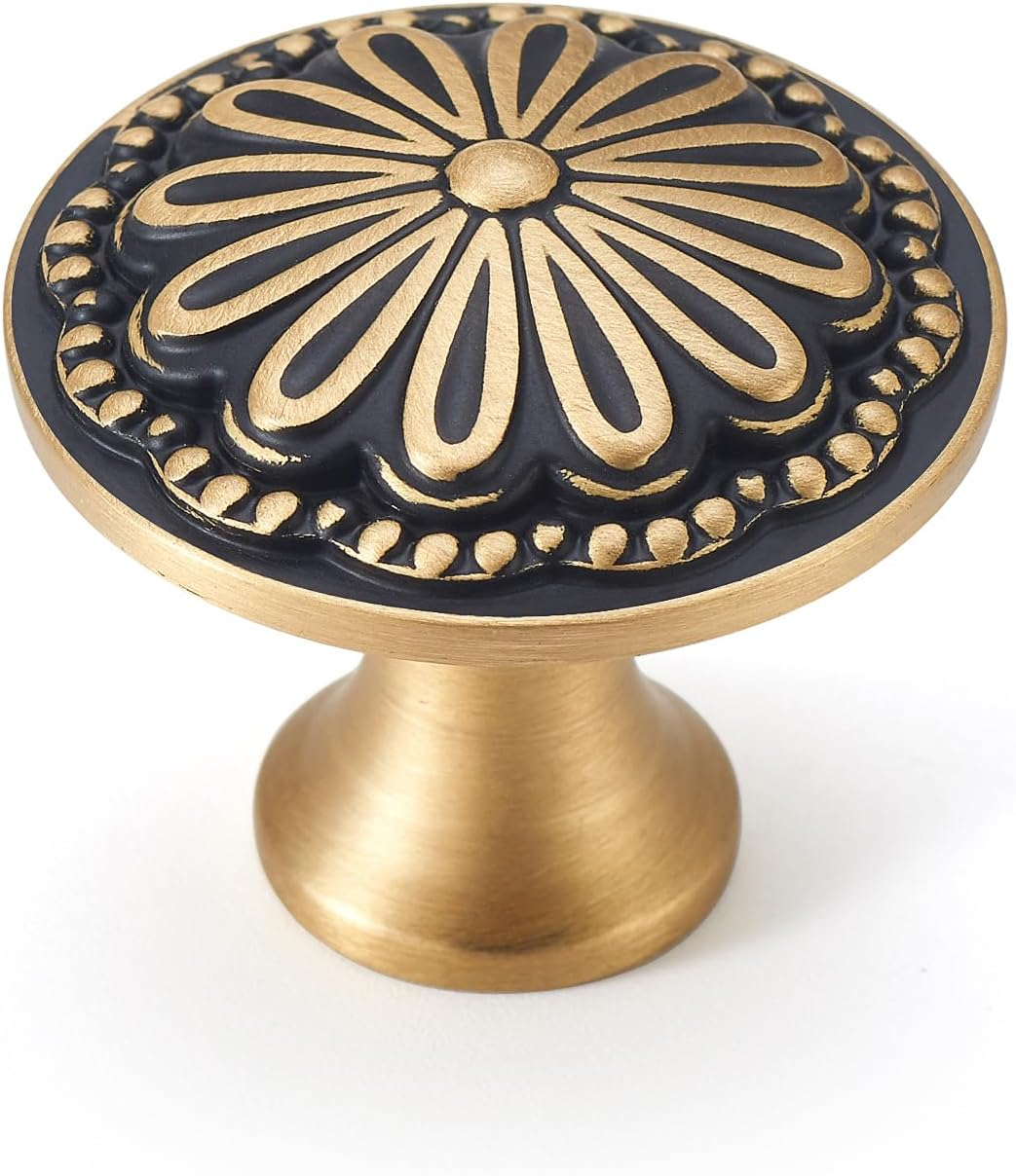 Black and Brushed-Gold Cabinet-Knobs - 5 Pack Flower Brass Drawer Pulls for Dresser Cabinet Hardware image number 4