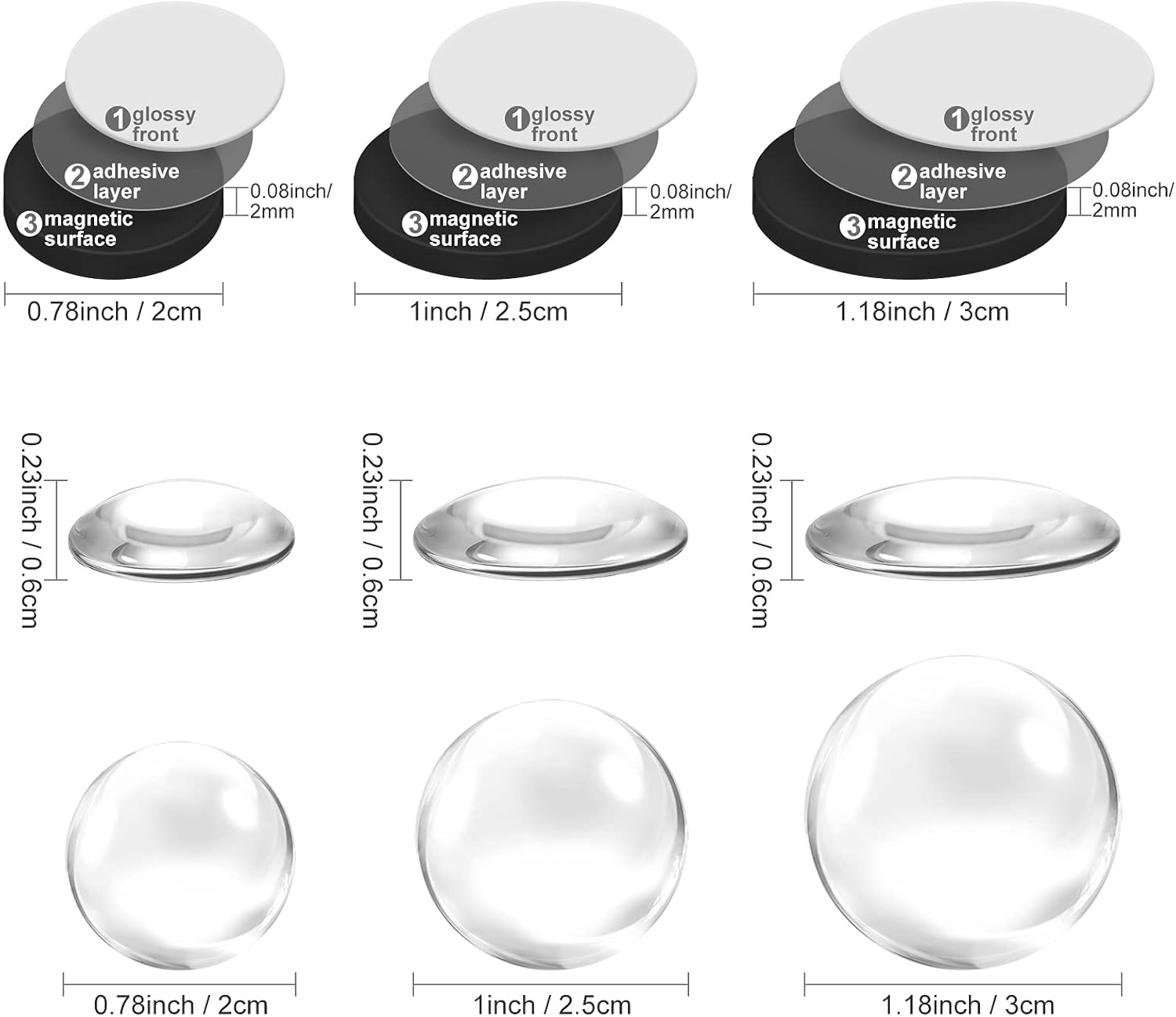72 Pieces Crafts Magnets Glass Set round Fridge Magnets with Adhesive Backing and Transparent Clear Glass Cabochons for DIY Refrigerator Magnets Crafts Pendants (0.8 Inch, 1 Inch, 1.2 Inch) image number 2