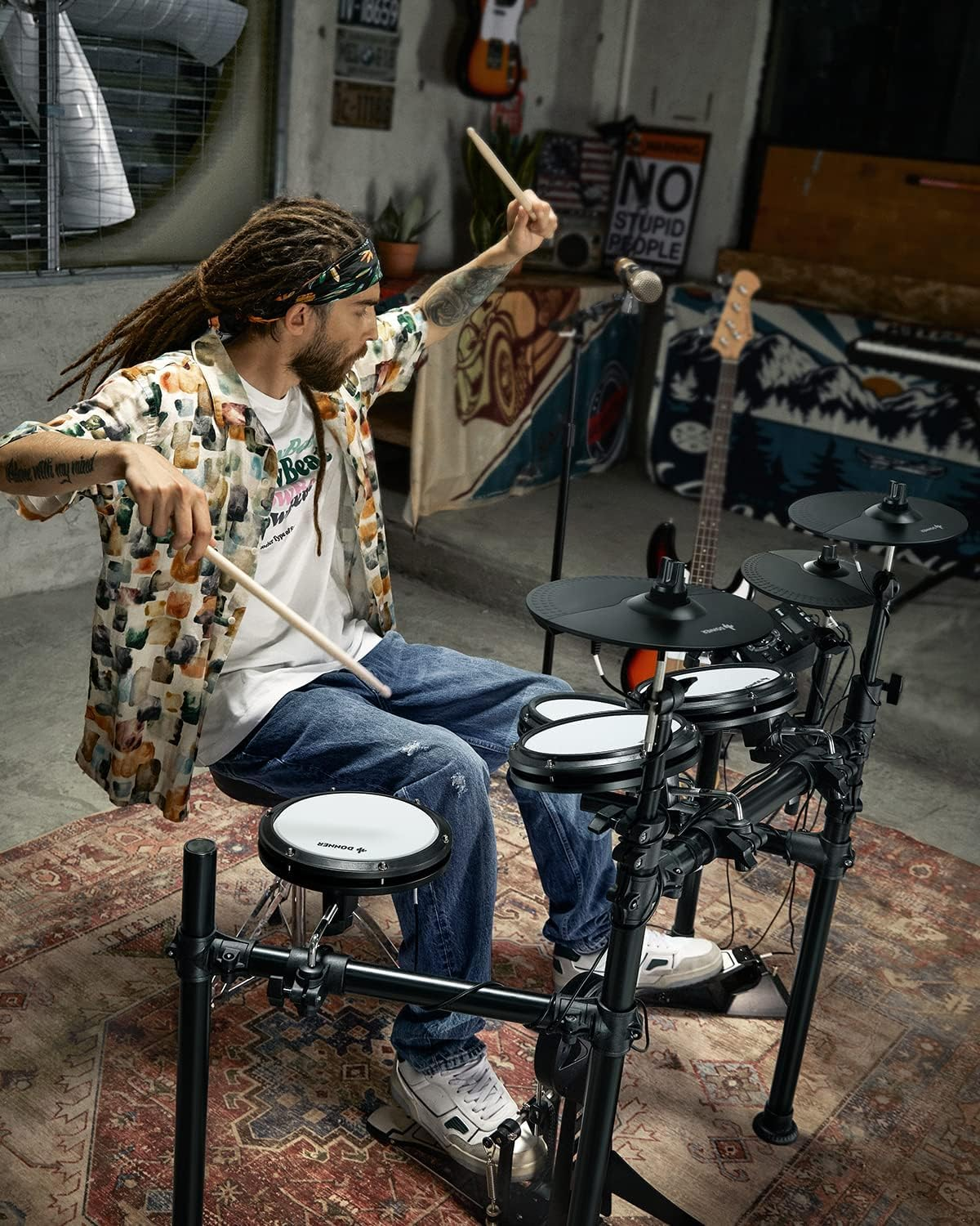 Donner DED200 E Drum Set, E Drums with Quiet Mesh Drum Pads, 2 Cymbals with Choke, 31 Kits and over 450 Sounds, Throne, Headphones, Sticks, USB MIDI, Melody Lessons (5 Pads, 4 Cymbals)