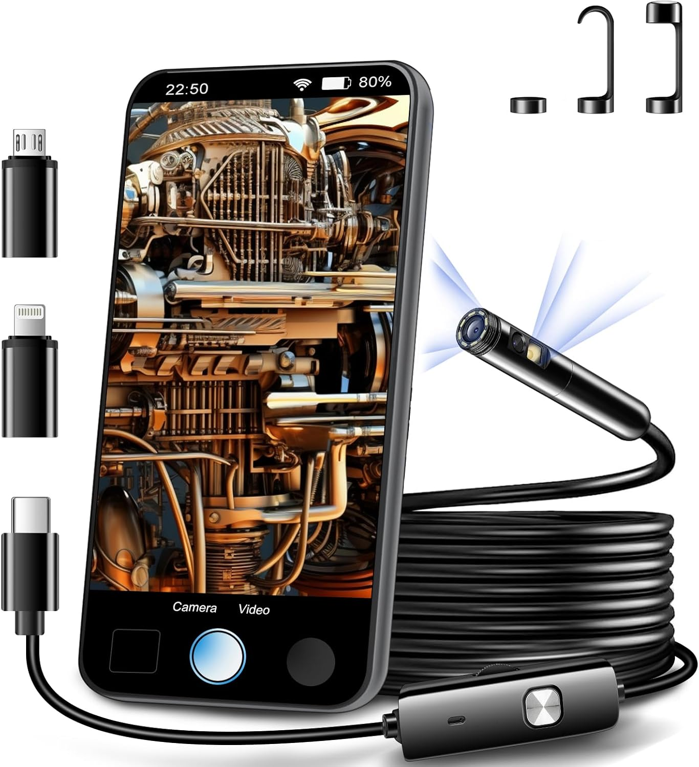 [Dual Lens] Endoscope Inspection Camera by AURTEC, Dual HD Lens, IP68 Waterproof, 11.5FT/3.5M Semi-Rigid Cable, Borescope Camera with LED Lights, Compatible with Android and Ios Devices image number 1