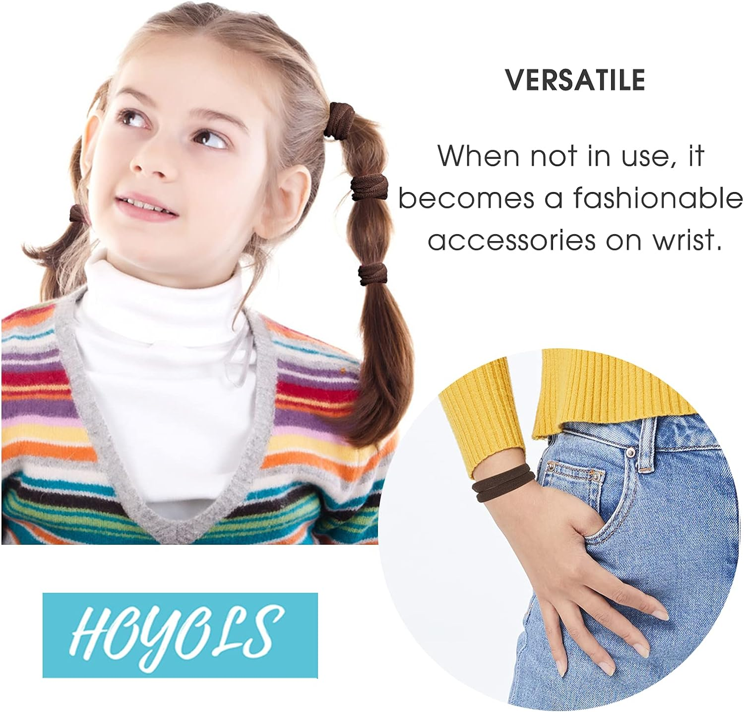 HOYOLS 50 Pcs Soft Elastic Hair Ties, Large Nylon Fabric Ponytail Holder Bands for Thick Heavy Curly Hair Seamless Scrunchies Headbands No Slip No Damage (Espresso) - Espresso image number 6