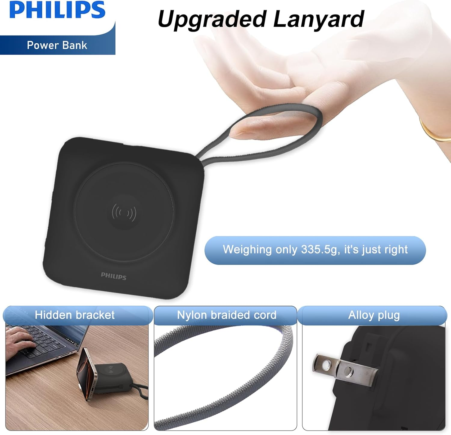 PHILIPS Power Bank Wireless| 15000Mah Powerbank Built-In Cable 5 in 1 Portable Battery Pack, Magnetic Universal Travel Fast Charging Adapter (UK,EU,AU) Compatible with Magsafe Iphone,Airpod, Iwatch image number 2