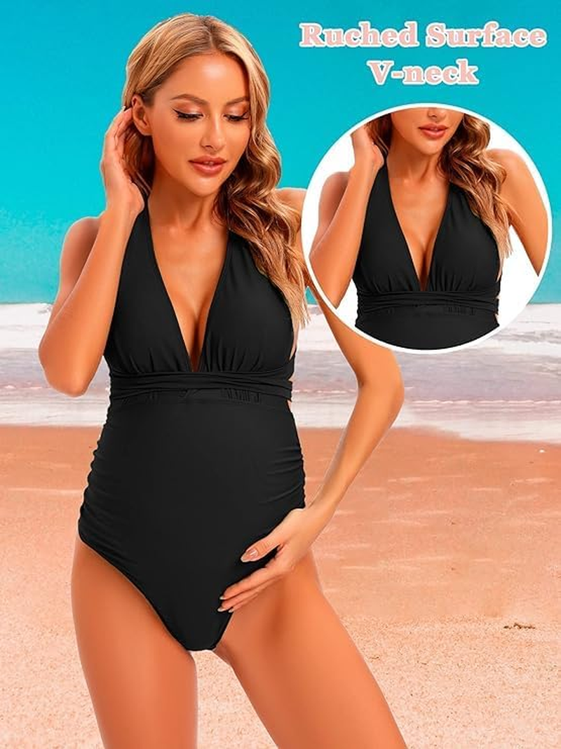One Piece Back Cross Backless Maternity Bikini,Pregnant Swimsuit Maternity Swimwear V-Neck Maternity Swimsuit image number 5