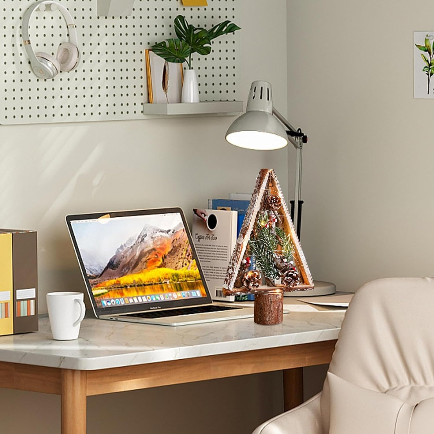 Wood Christmas Tree - Standing Christmas Tree Wood Sign | Table Centerpieces, Pine Cones Wooden Ornament, Farmhouse Party Favors for Home Desk Shelf image number 6