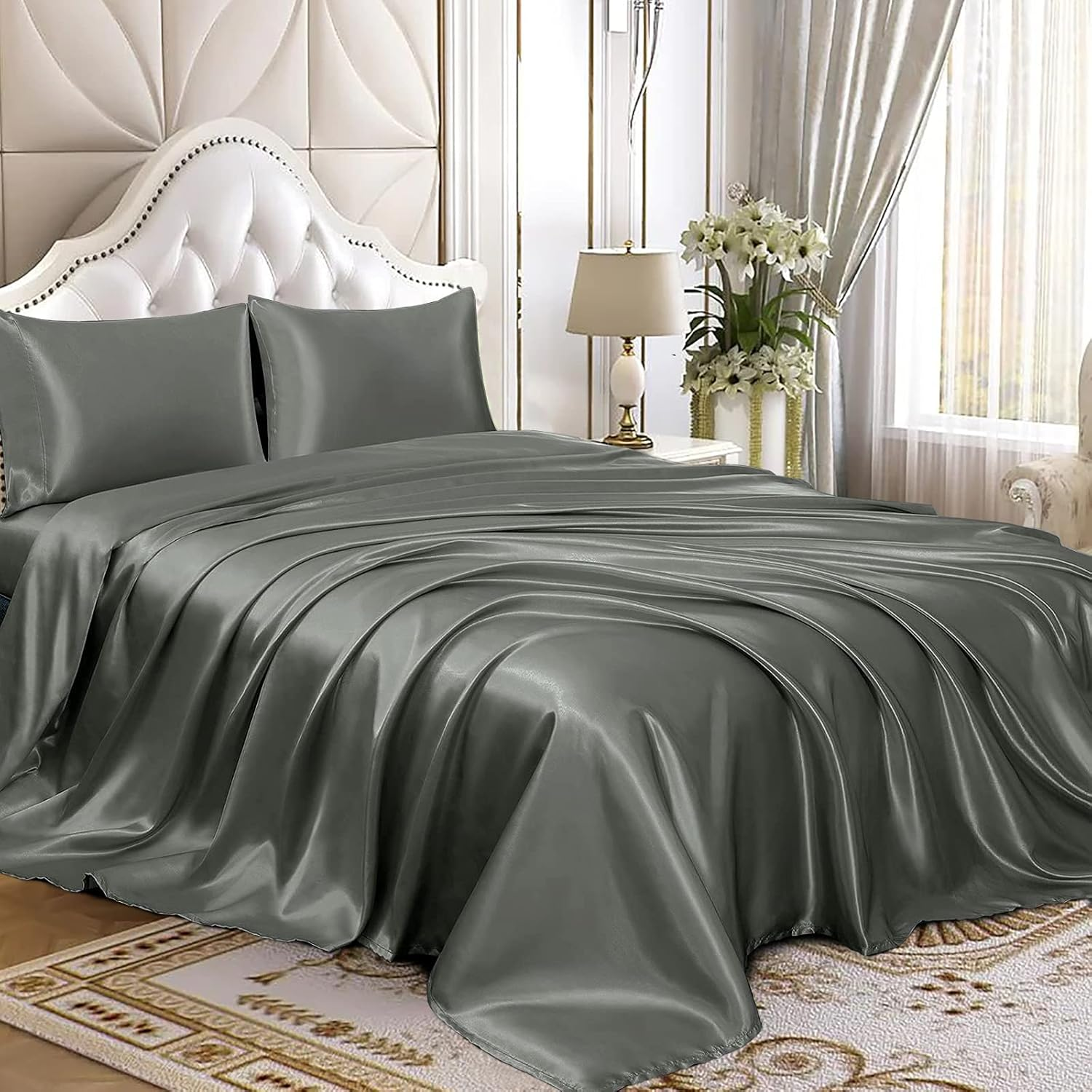 Homiest 4Pcs Satin Sheets Set Luxury Silky Satin Bedding Set with Deep Pocket, 1 Fitted Sheet + 1 Flat Sheet + 2 Pillowcases (Queen Size, Blackish Green)