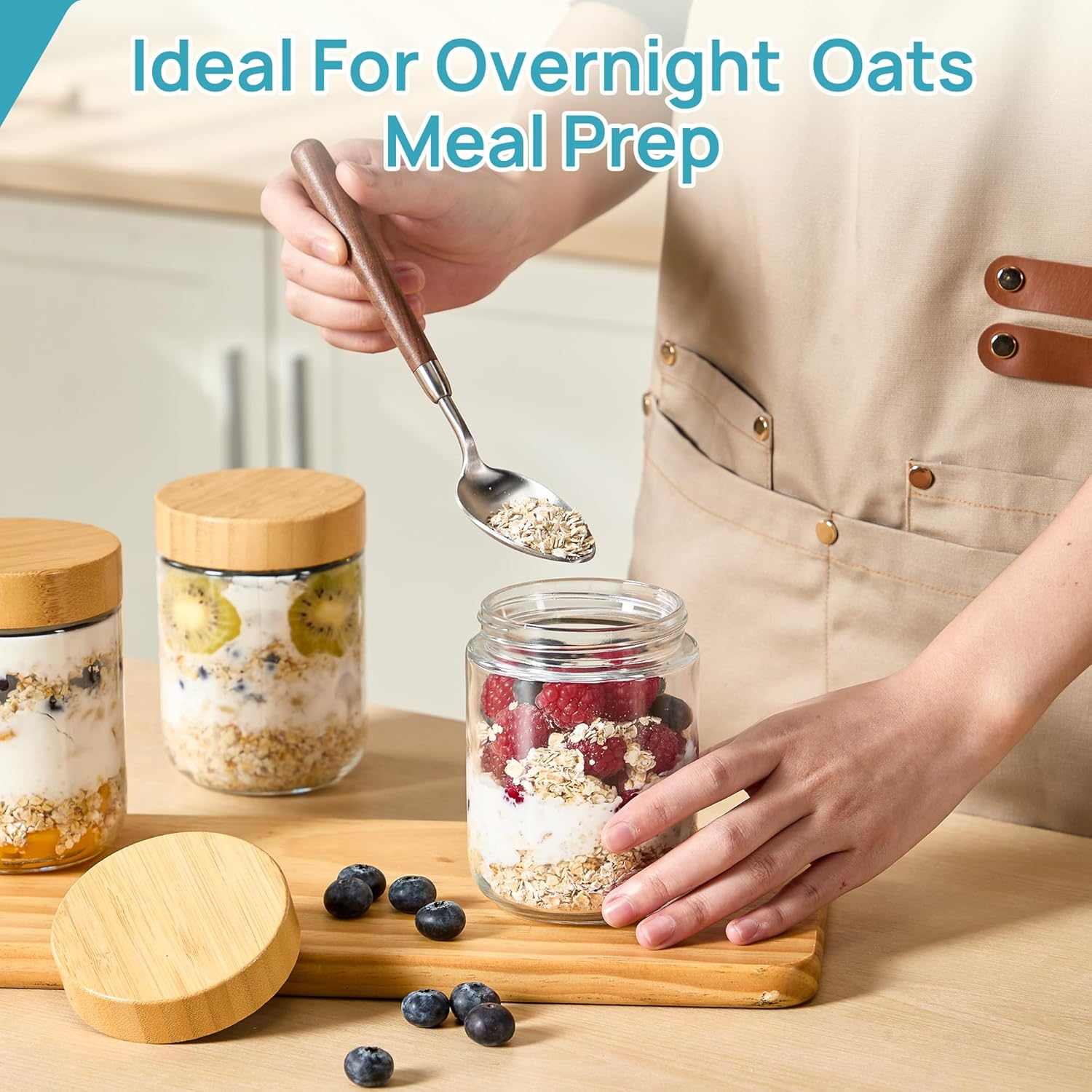 Vtopmart 6 Pack 16Oz Glass Overnight Oats Containers with Bamboo Lids, Portable Wide Mouth Glass Jars Leak-Proof, Reusable Glass Food Storage Containers for Yogurt Chia Pudding Salad Pickling Snacks image number 5
