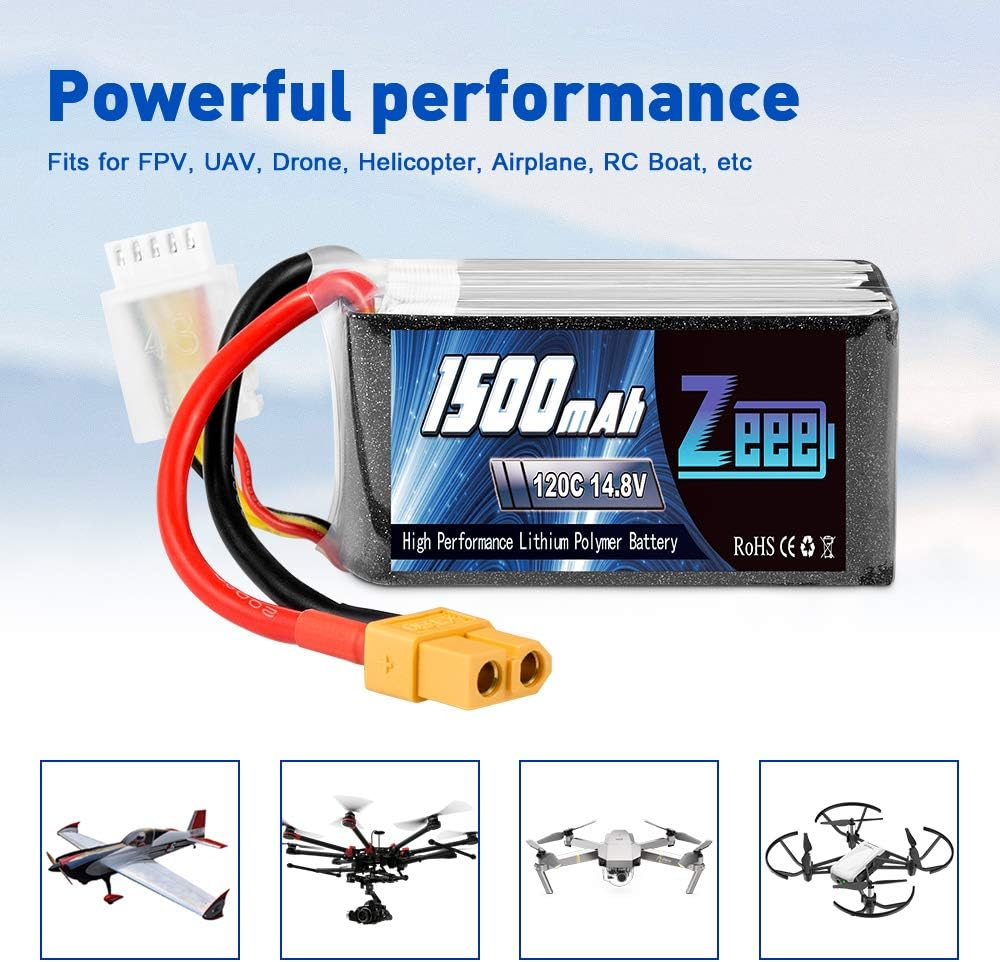 Zeee 4S Lipo Battery 1500Mah 14.8V 120C RC Battery with XT60 Plug for FPV Drone Quadcopter Helicopter Airplane RC Boat RC Car RC Models (2 Pack) image number 5