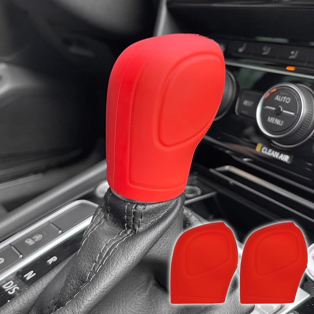 2 PCS Car Gear Shift Knob Cover, Elastic Silicone Anti-Slip Automatic Knob Gear Stick Protector, Universal Car Accessories Handbrake Shifter Cover for Men Women (Red, 8 * 5.6CM)