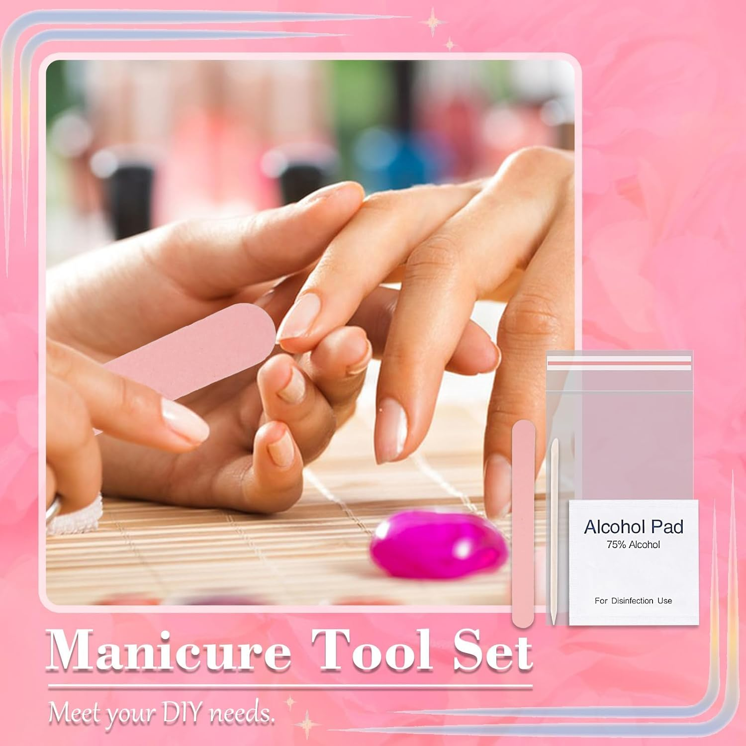 50 Set Disposable Press on Nail Tool Kit, Including 50Pcs Nail File, 50Pcs Prep Pad, 50Pcs Wood Stick, 50Pcs OPP Bag, Manicure Nail Prep Kit for Salon Home (50Pcs-A-Pink) image number 1