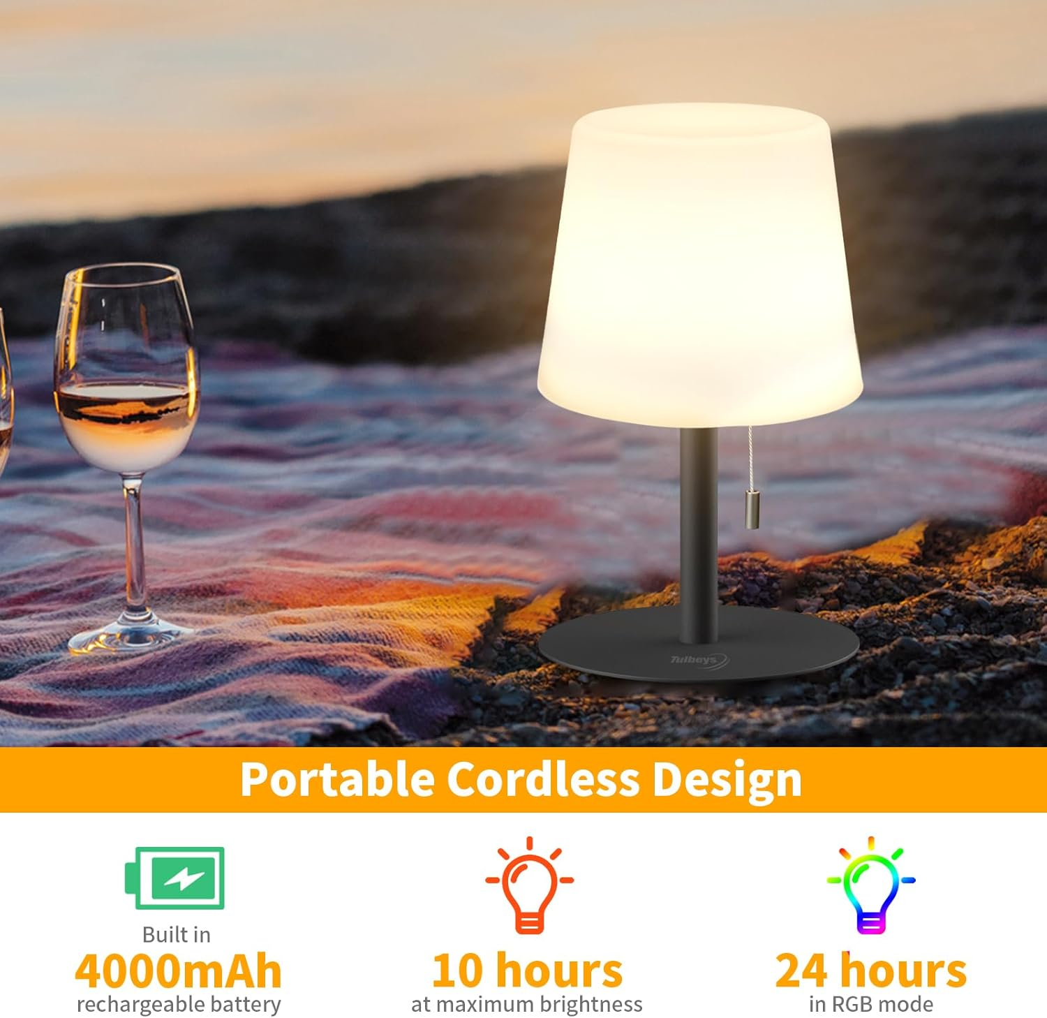 Tulbeys Warm & RGB Cordless Lamp for Outdoor Patio Decor | Battery Powered | Farmhouse Table Lamp | White Desk Lamps for College Dorm Room | Shower Lamps Waterproof Lampshade & Metal Base image number 2