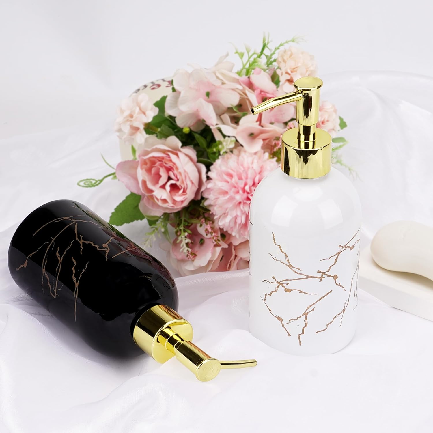 DODAMOUR 2 Pack Glass Soap Dispenser with Gold Pump, 410 ML Aesthetic Soap Pump Bottle Set, Decorative Refillable Liquid Dispensers for Vanity, Kitchen Sink, or Bathroom Countertop (Black, White) image number 1