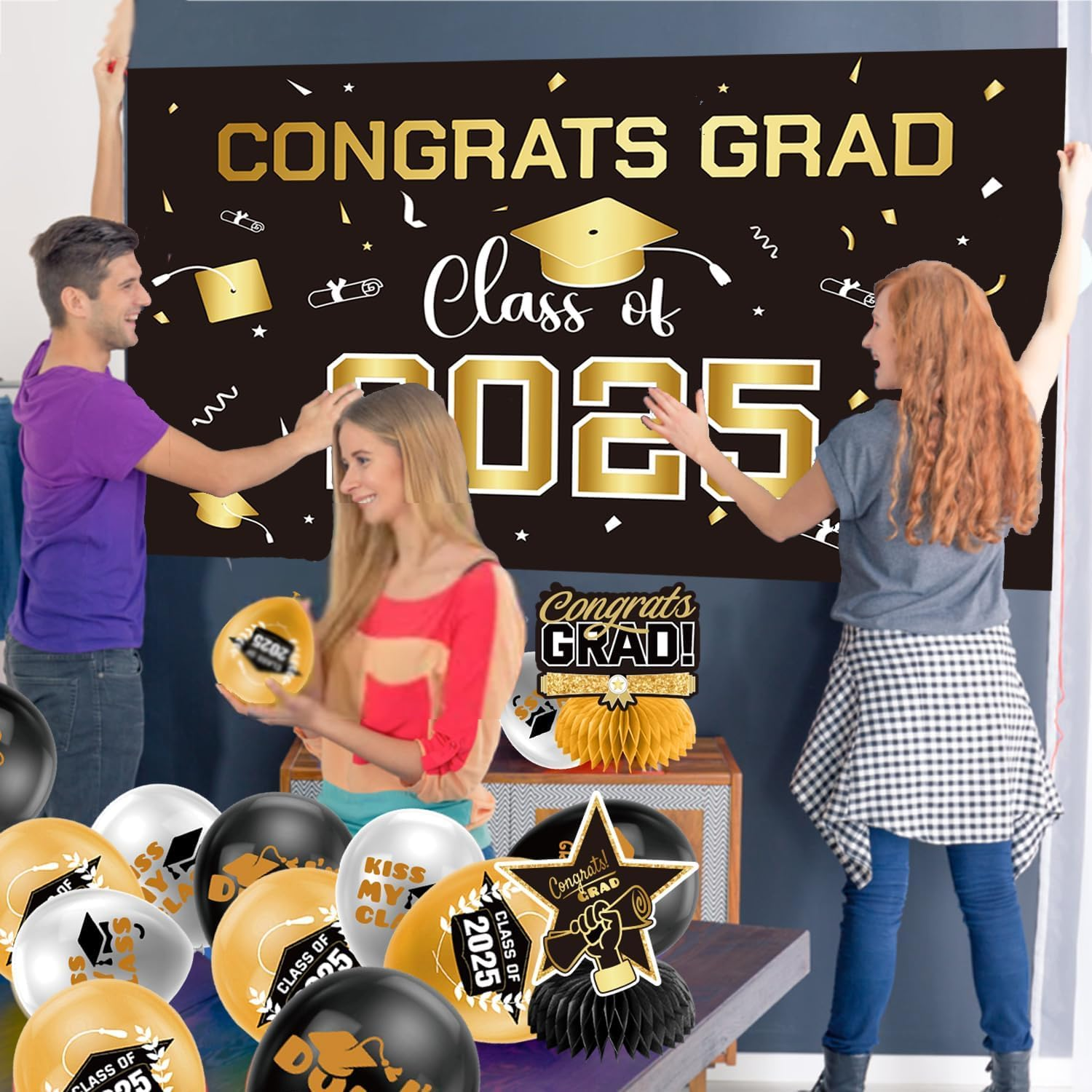 Graduation Decorations Class of 2025 Gold Themed Set, Backdrop Banner, Hanging Swirl, Balloons and Honeycomb Supplies for Graduation Party image number 5