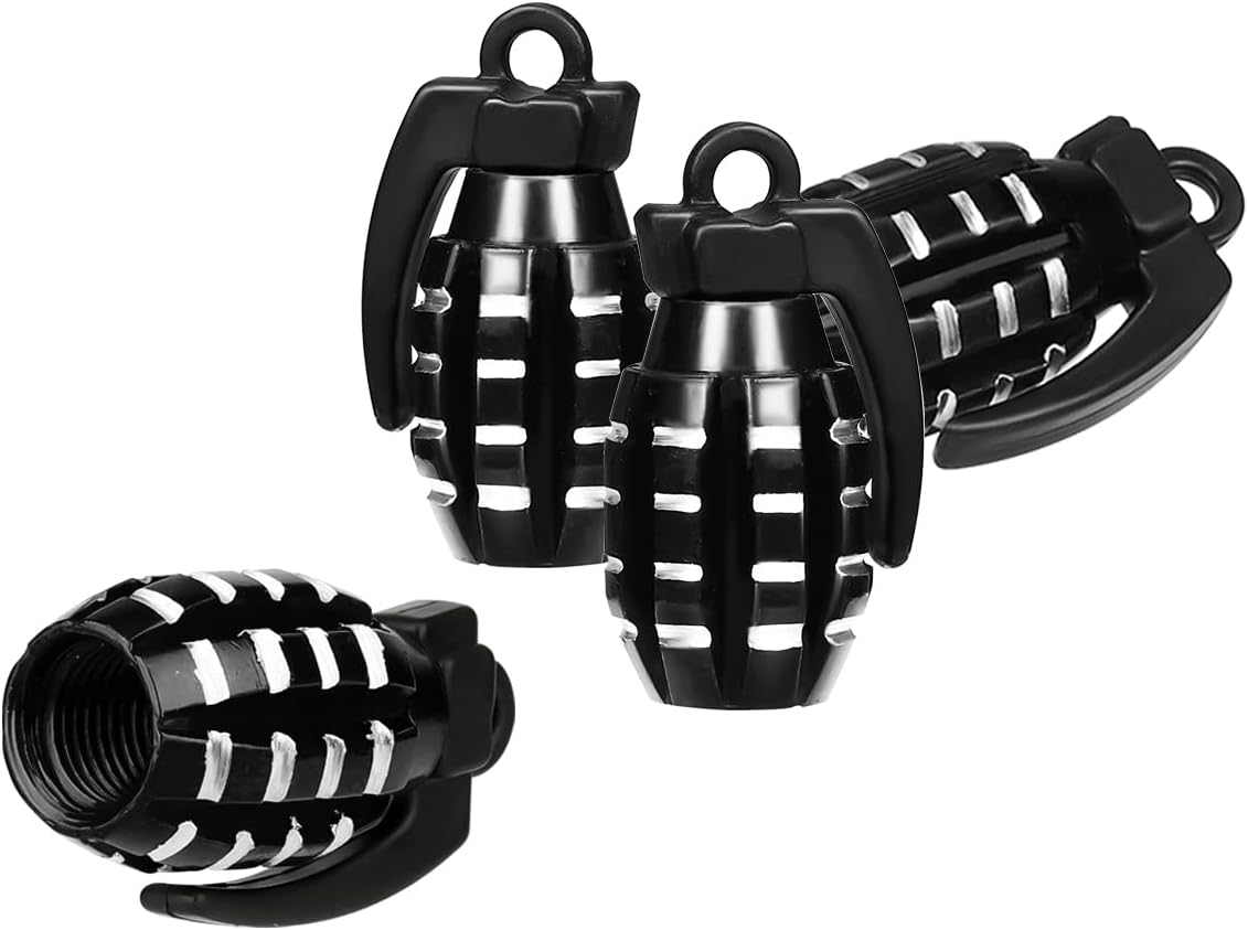 AIEX 4 Packs Valve Stem Caps, Grenade Style Aluminum Heavy Duty Valve Stem Covers Air-Proof Tire Caps for Cars SUV Trucks Motorcycles Bicycles(Black)