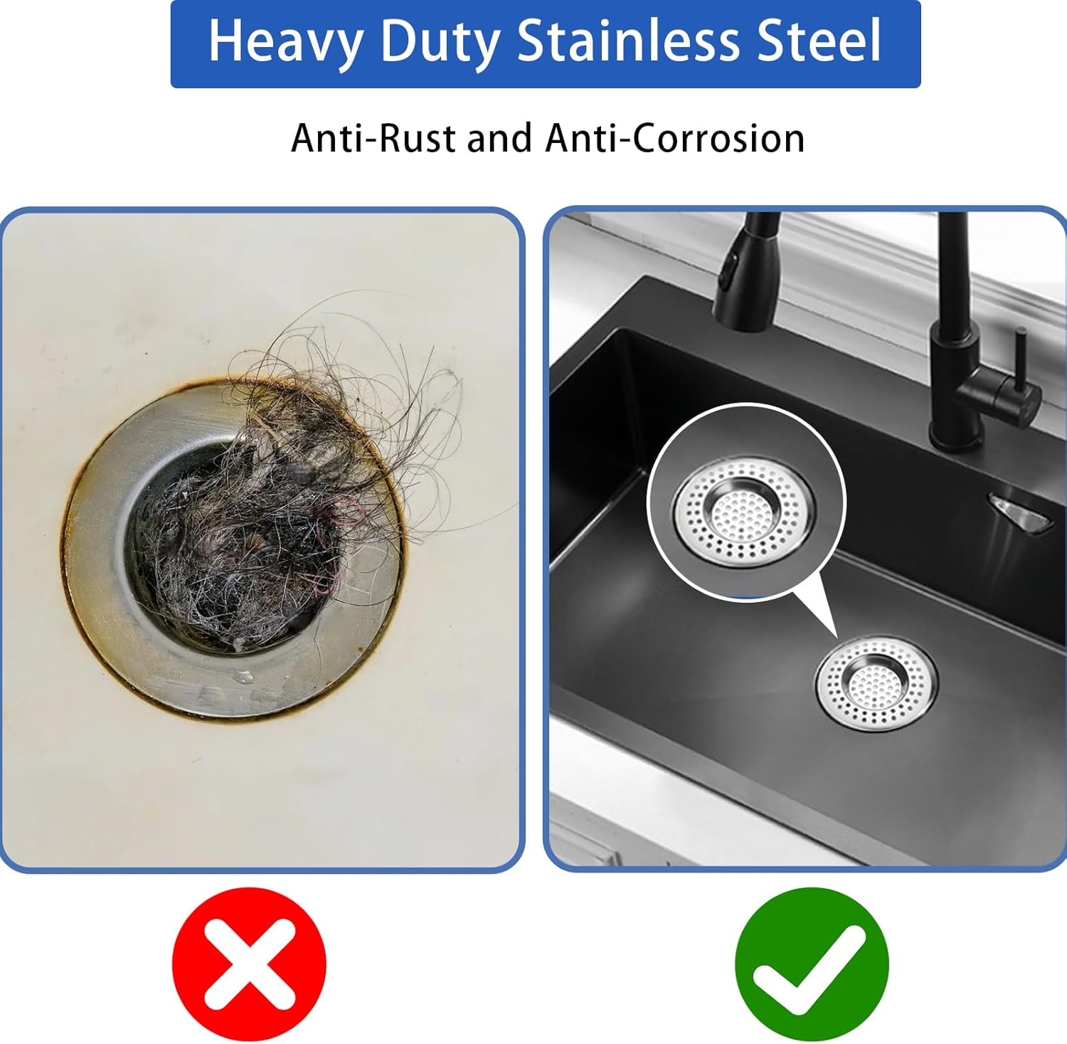 COCKLECREEK Stainless Steel Sink Strainer 2 Pack - 7.7Cm Heavy Duty Drain Protector, 4.5Cm Inner Diameter Rustproof Hair Catcher for Kitchen Bathroom Shower, Universal Fit Sink/Tub (0.8Cm Height) image number 1