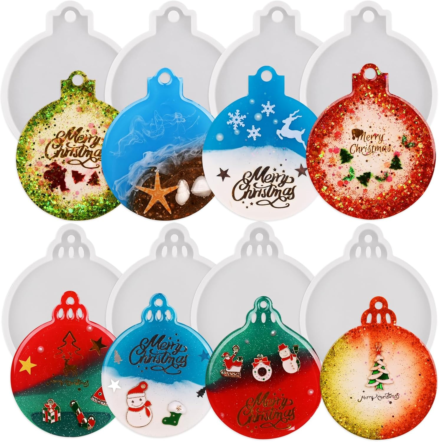 8 Pack Christmas Resin Molds, 2 Styles round Silicone Pendant Molds, Xmas Ornaments Molds for Epoxy Resin Casting Christmas Tree Pendant Gift Home Decoration