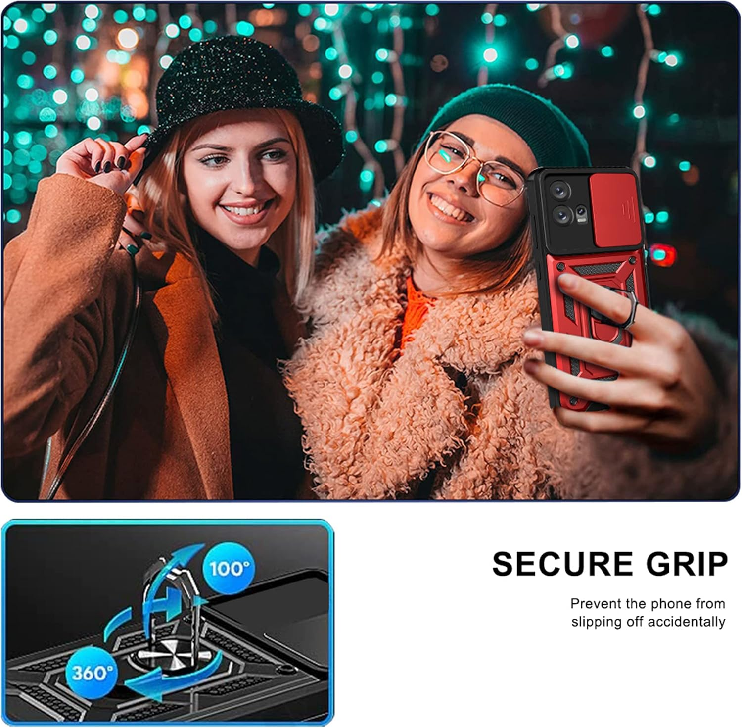 ESTH&reg; Case for Motorola Edge 30 Fusion with Slide Camera Cover, Military Grade Shockproof Protective Cover with Rotatable Metal Ring Kickstand [Support Magnetic Car Mount], Red image number 5