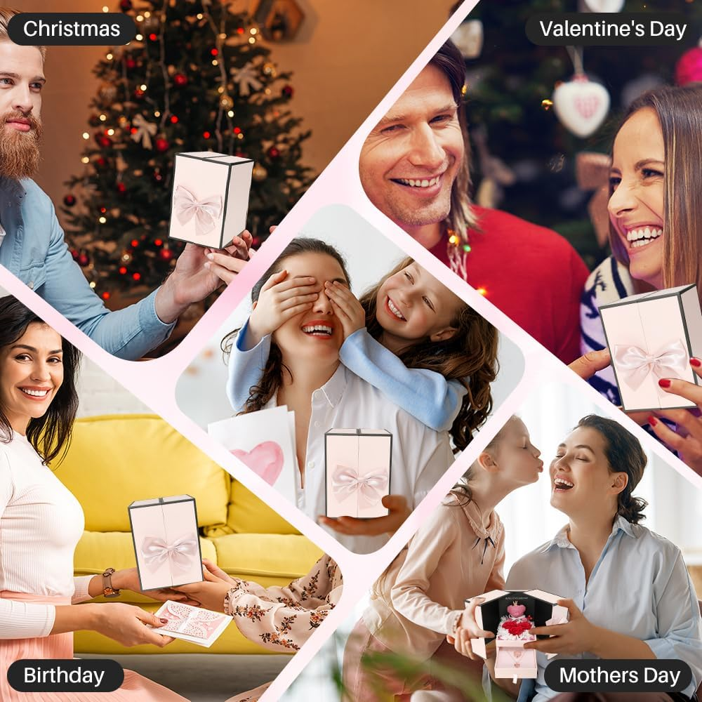 AUTOWT Preserved Rose Gifts for Women, Pink Eternal Flower Rose Box with I Love You Necklace and Ring, Romantic Gifts for Mom Grandma Wife Sweetheart on Mother&rsquo;S Day Valentines Christmas Anniversary image number 3