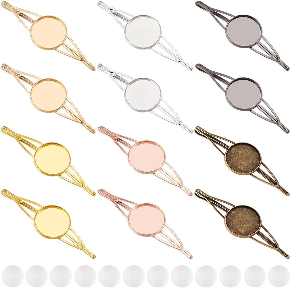 GOMAKERER Pack of 12 Hair Clips with Blank round Shelf Hair Pins Made of Brass 6 Colours with 12 Pieces 19.5 Mm Transparent Cabochons Blank Hairpin Setting for DIY Pictures Photos Curved Cameo image number 1