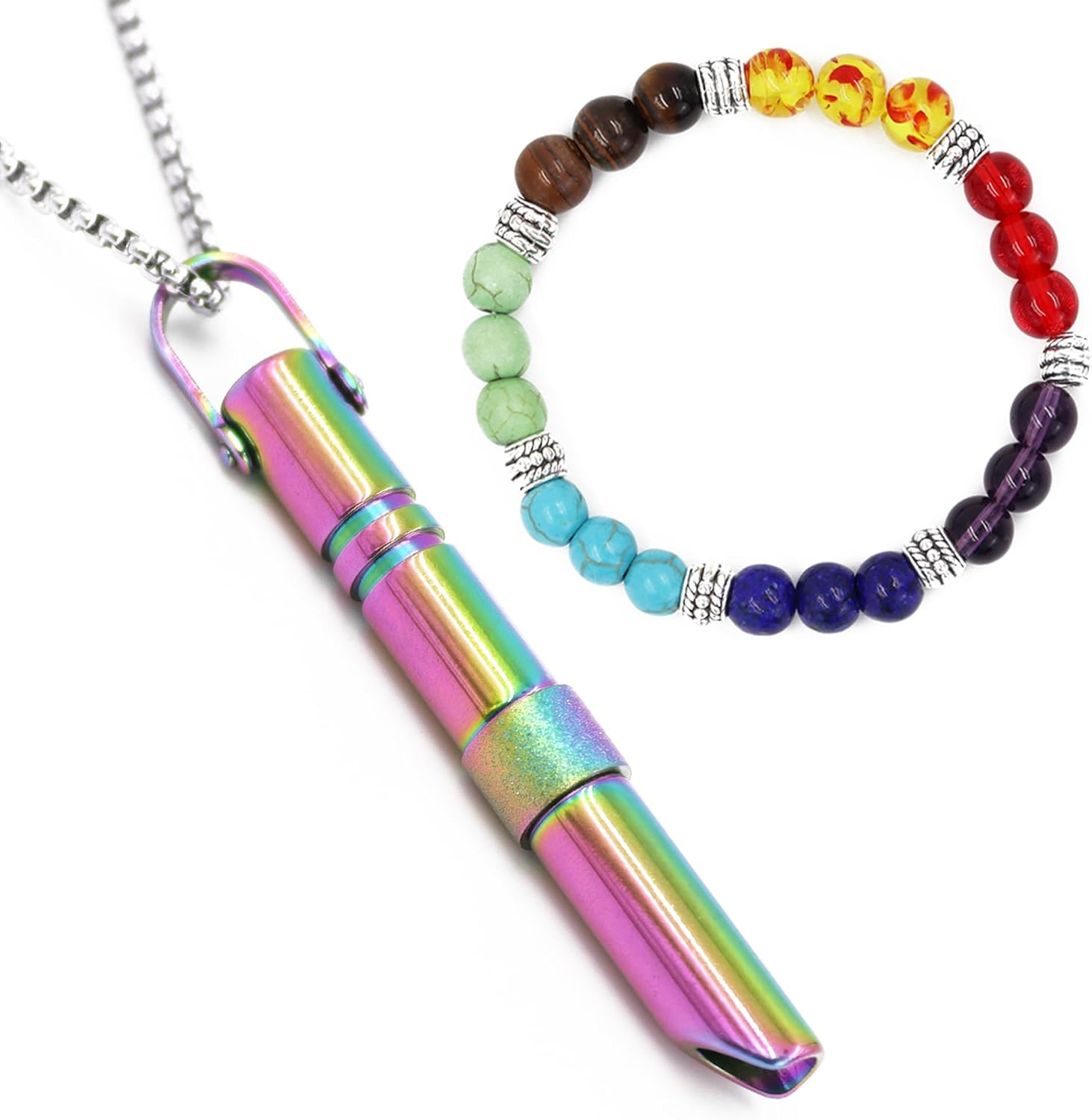 Mindful Breathing Necklace with Crystal Gemstone Chakra Bracelets, Stainless Steel Anxiety Necklace, Stone Beads Healing Bracelets for Women Men, Meditation Tool Quit Smoking (Stainless Steel) image number 6