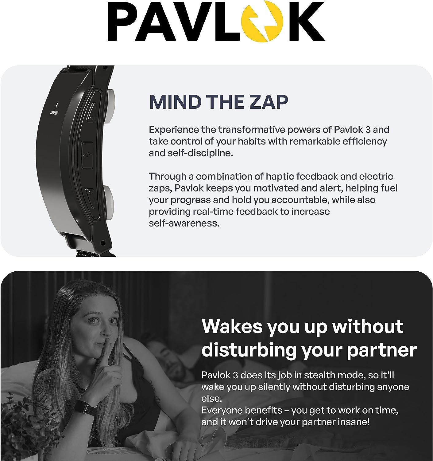 Pavlok 3 : a Mindfulness Coach on Your Wrist + Wearable Vibrating and Silent Alarm for Heavy Sleepers + Habit Trainer (Water Resistant Sports Edition)