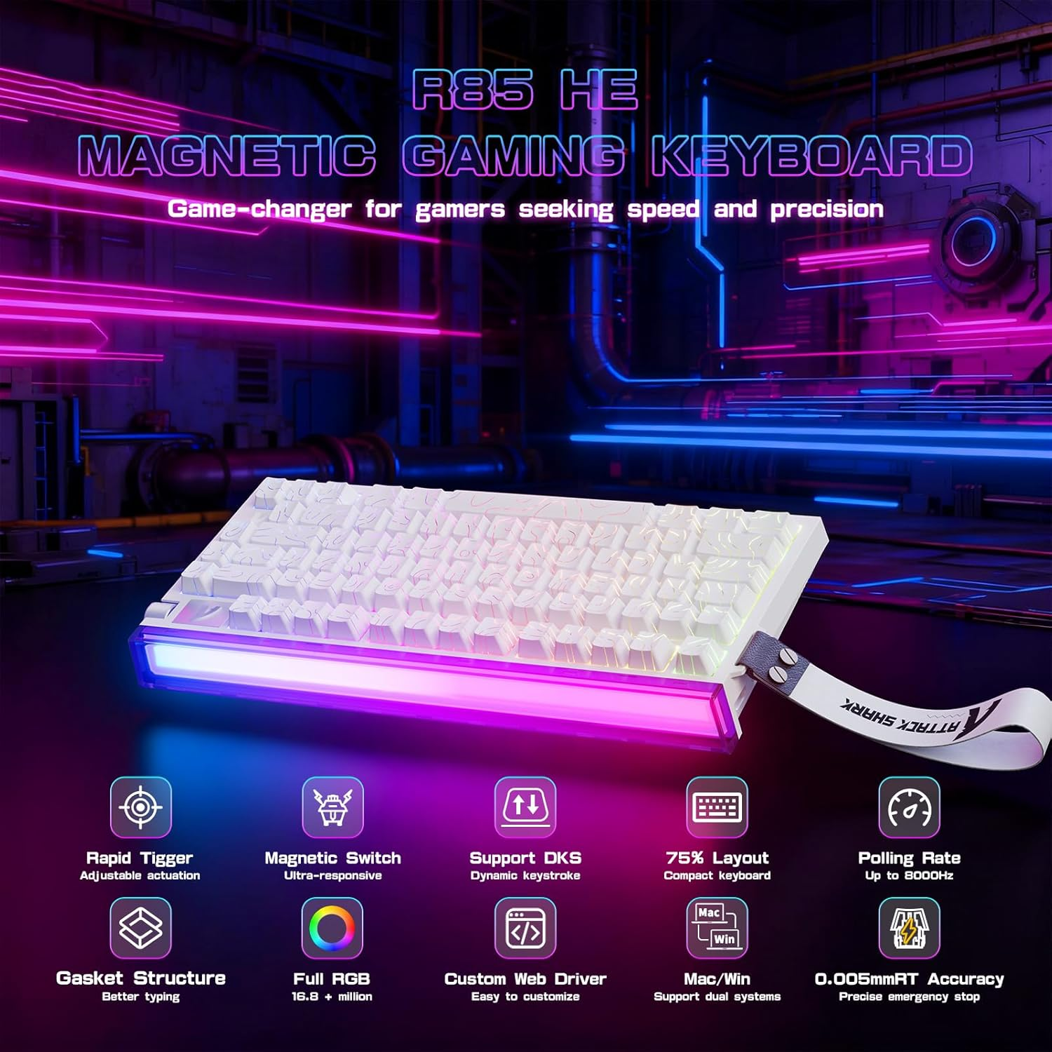Attack Shark R85 HE Rapid Trigger Keyboard Magnetic Switch with Custom Lightbox, 75% Wired Mechanical Keyboard, 8Khz Polling Rate, 0.005Mm RT Accuracy, Support Rt/Snap Tap/Dks/Mt/Tgl (White Contour)