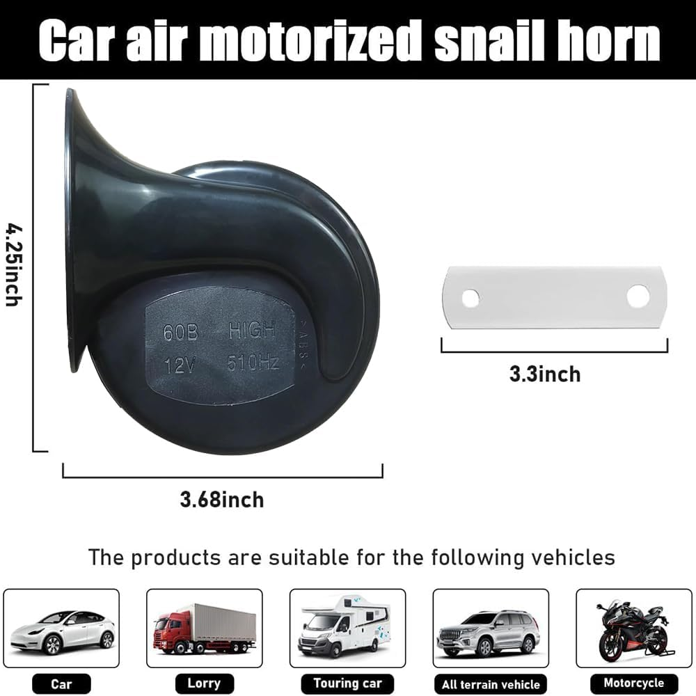 300DB Super Loud Car Horn, 12V Waterproof Car Air Electric Snail Horn, Universal Automotive Accessories, Electric Snail Horn Fit for Cars, Motorcycles, Trucks, Bicycles, Marine Cars (Black,12V) image number 3