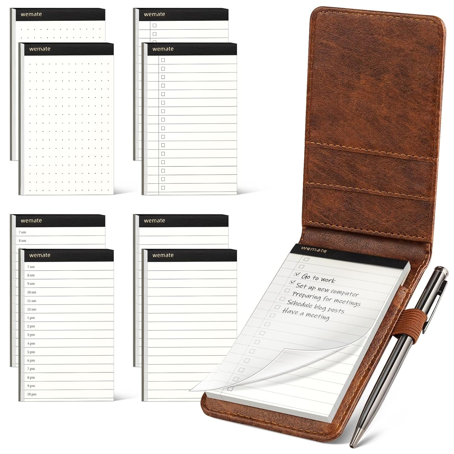 WEMATE 10 Pieces Notepad Holder Set Pocket Notebook - Included Mini Pocket Notepad Holder Set with 8 Memo Book Refills and Metal Pen for Meetings, Daily Records, and Notes 3 X 5 Inch (Brown) image number 2
