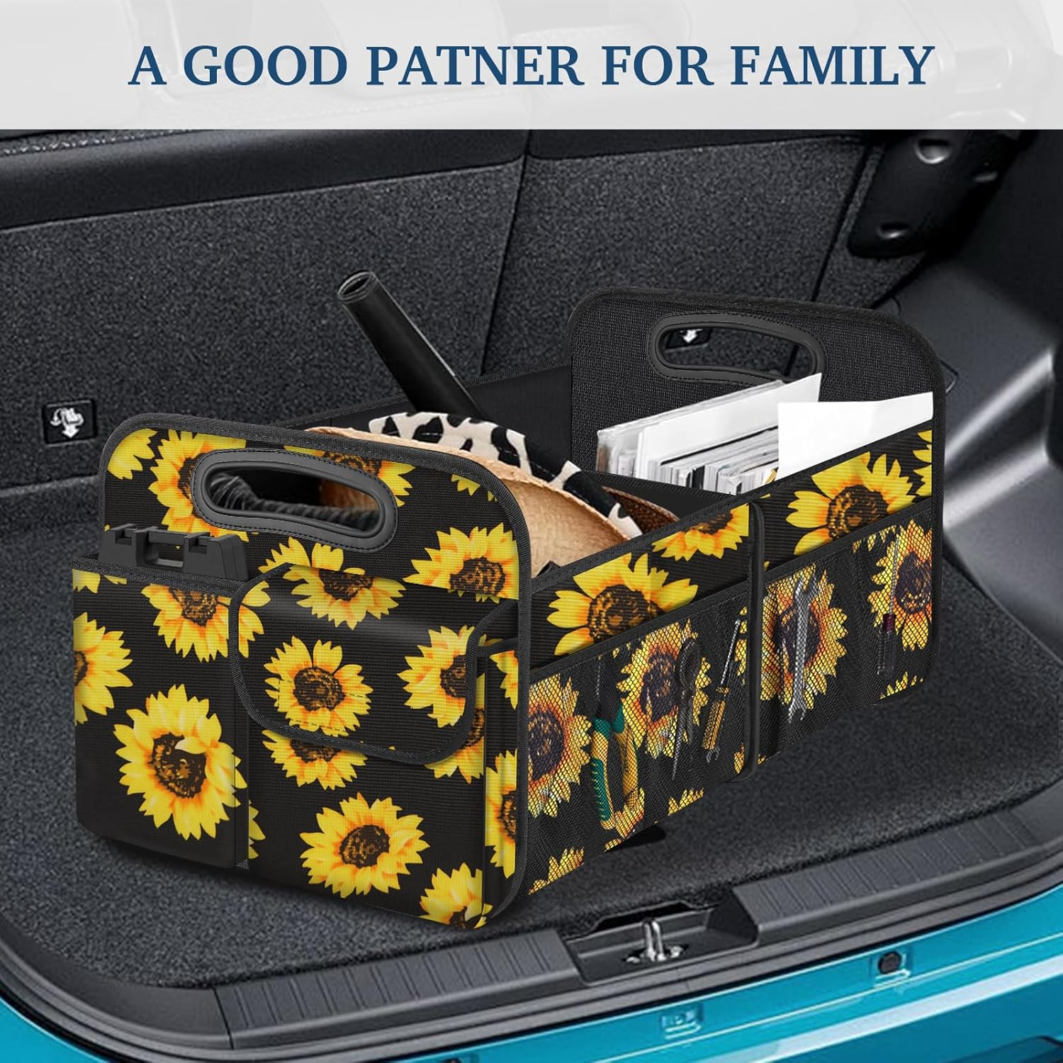 Femuar Car Trunk Organizer, Car Storage Organizer with Large Capacity Waterproof Collapsible Trunk Organizer for Car Suv/Jeep/Sedan (Sunflower, Standard) image number 1