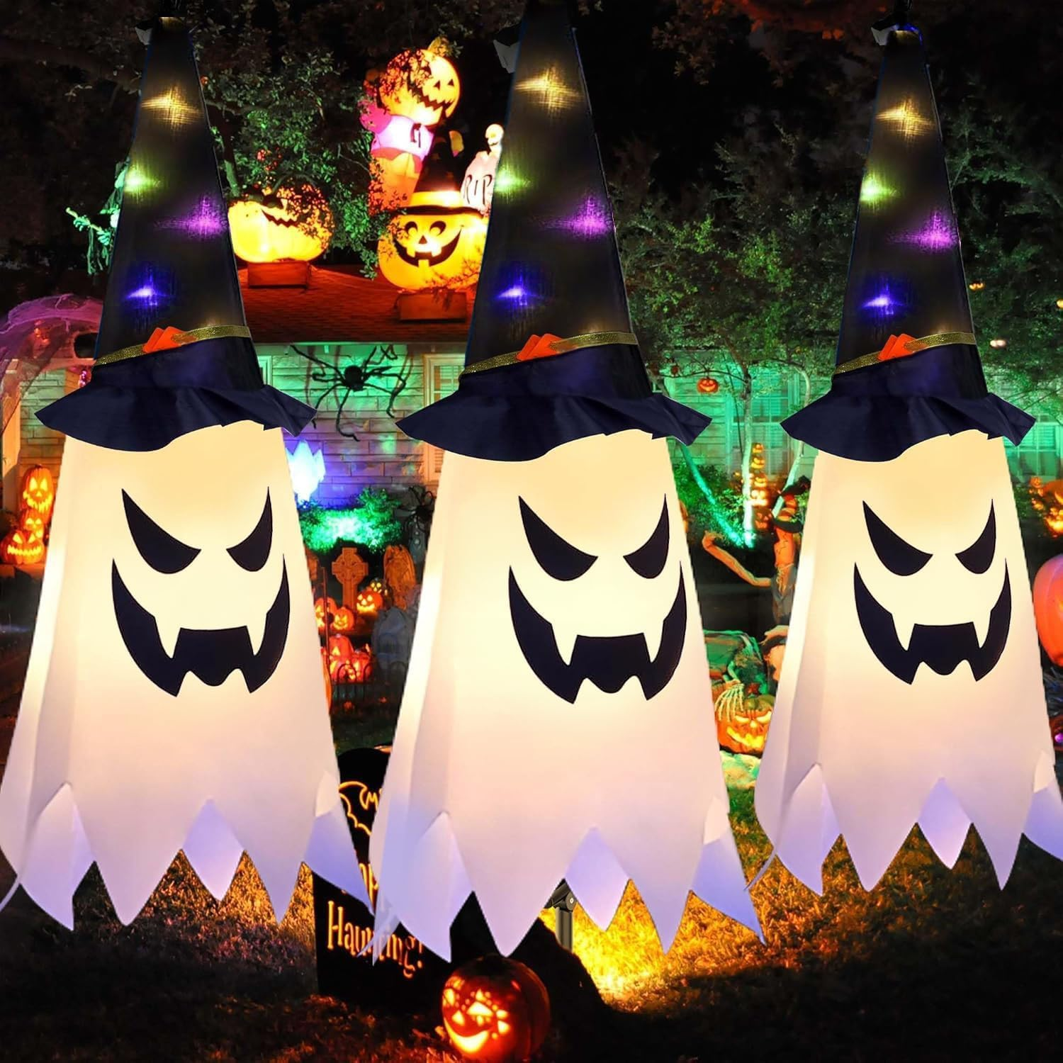 Kiimiipa 3 X Halloween Decorations Outdoor Indoor Decoration Ghost Hat Outdoor Decoration Hanging, Luminous Witch Hat Fairy Lights, Halloween Party Decoration Indoor Outdoor Trees Garden Patio (Style image number 4