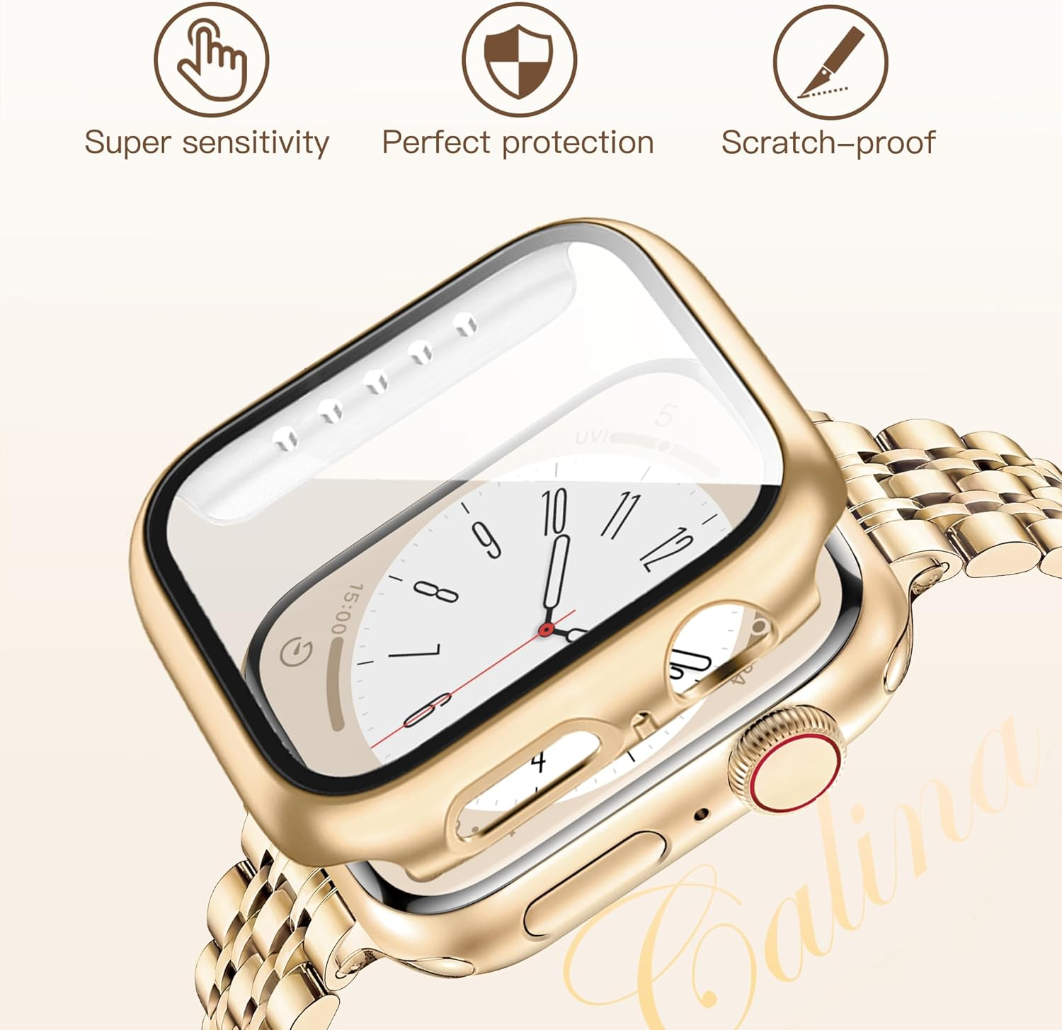 Calina Stainless Steel Band and Case Compatible with Apple Watch Bands 42Mm(Series 11 10) 41Mm 40Mm Series SE 11 10 9 8 7 6 5 4, Slim Bracelet for Apple Watch Strap with Screen Cover, Metal Iwatch Band for Women