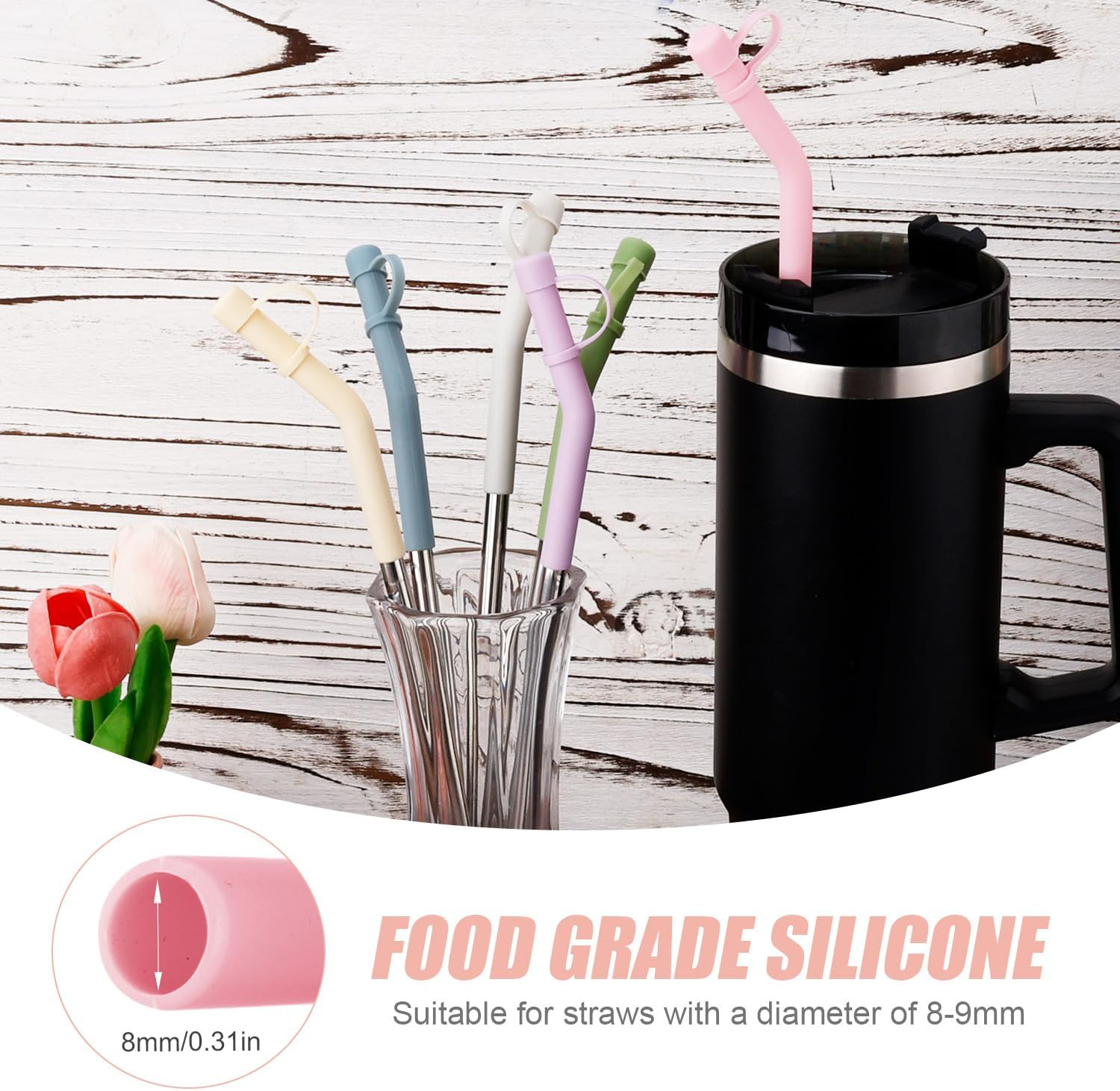 Silicone Straw Tip with Cover Cap, Reusable Extension Tip for Straws with an Outer Diameter of 8-9 Mm Straw Angle Tips for Stanley Straws, Pack of 6 image number 1