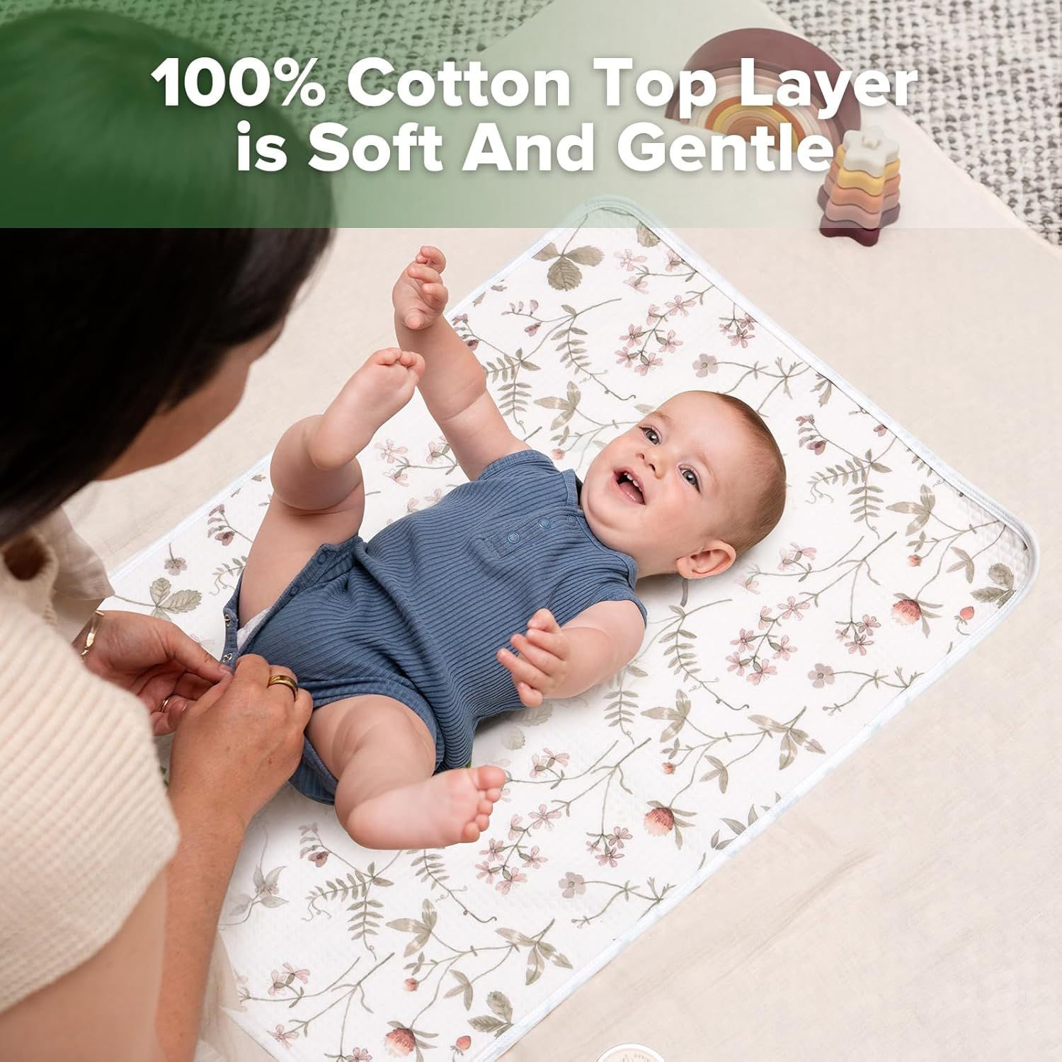 Haakaa Waterproof Changing Pad Liners, 100% Cotton, Soft & Breathable (1Pc, 19.5" X 27.5" Vintage Garden) image number 1