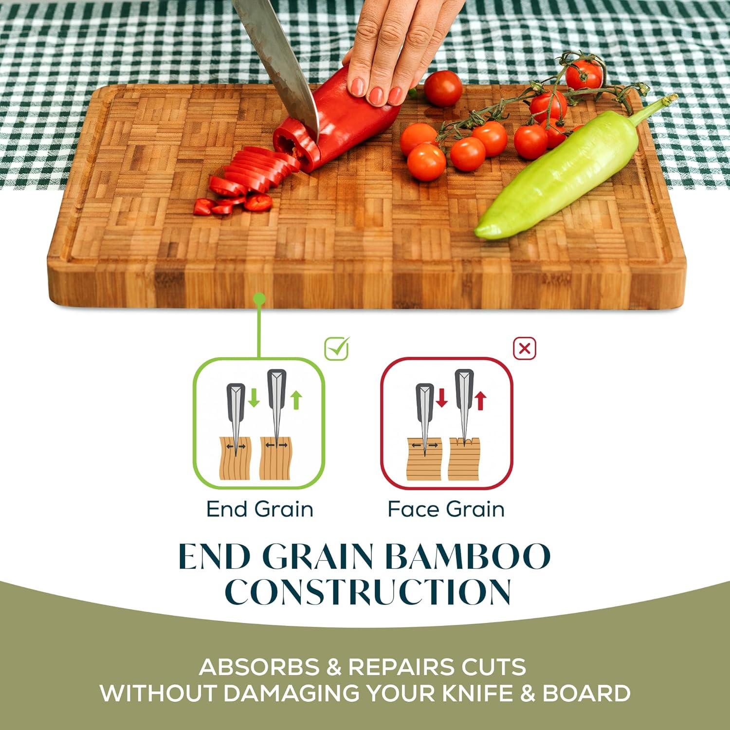Cactus and Cubby Wooden Chopping Board. Crafted End Grain Bamboo Cutting Board. Premium Deep Carbonised Finish. Large (45 X 30 X 3Cm). Butchers Block. Juice Grooves. Side Handles. Serving Tray.