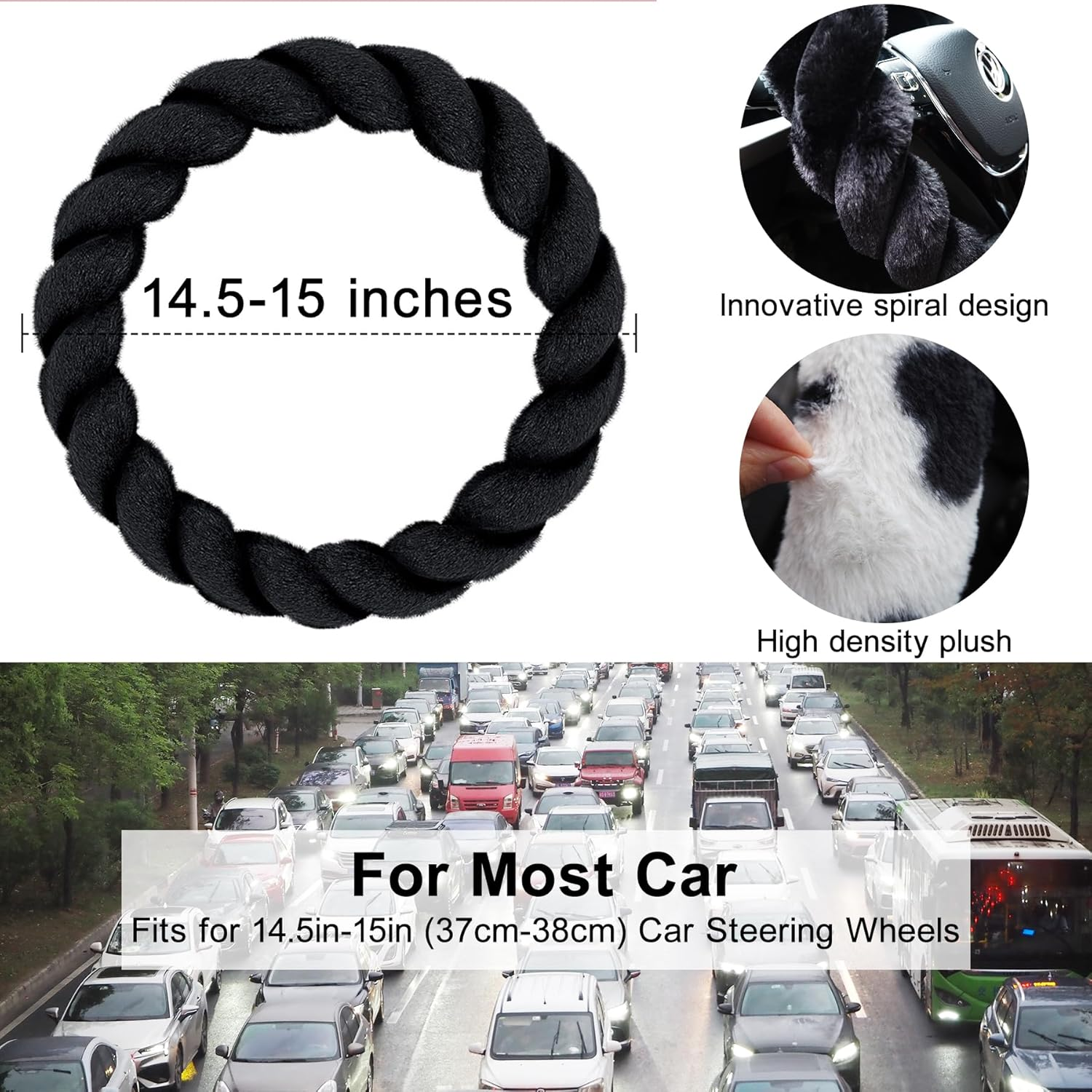 Fluffy Steering Wheel Cover for Women, Universal Fit 14-15 Inch, Anti-Slip Soft Plush Car Wheel Covers Protector, Full Surround, Winter Car Interior Accessories for Female Men (Black) image number 1