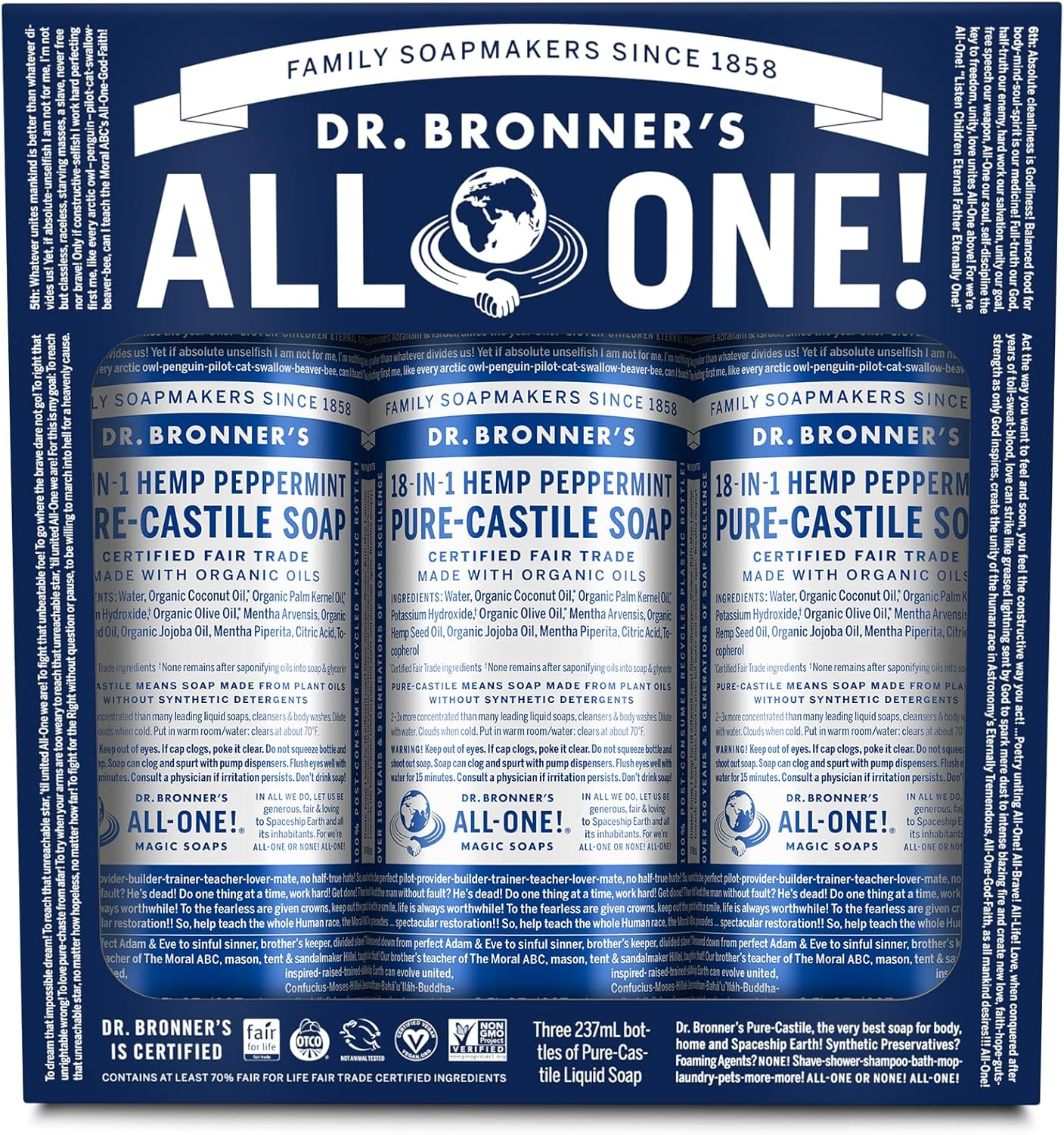 Dr. Bronner'S - Pure Castile Liquid Soap 3 Pack - Organic Oils - Gentle Skin Care - Peppermint Scent - (3X237Ml) image number 6
