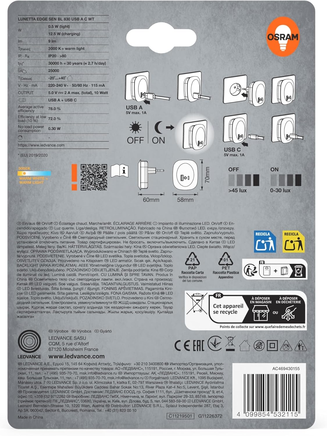 OSRAM Lunetta Edge Plug-In Night Light, White, 0.35W, 10Lm, Warm White Light, Daylight Sensor, USB-A & USB-C Port, LED Technology, Charging Function, Long Life, IP20, 3000K. image number 4