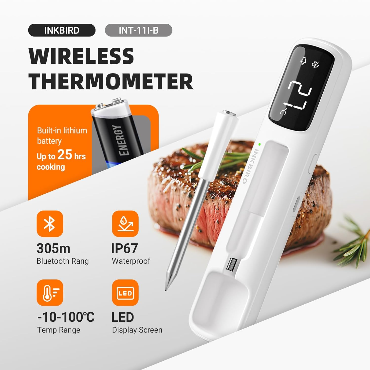 INKBIRD Mini Wireless Meat Thermometer INT-11I-B Bluetooth 5.4 BBQ Food Probe IP67 Waterproof LED Display for BBQ Grill Oven Smoker Outdoor Camping Kitchen image number 1