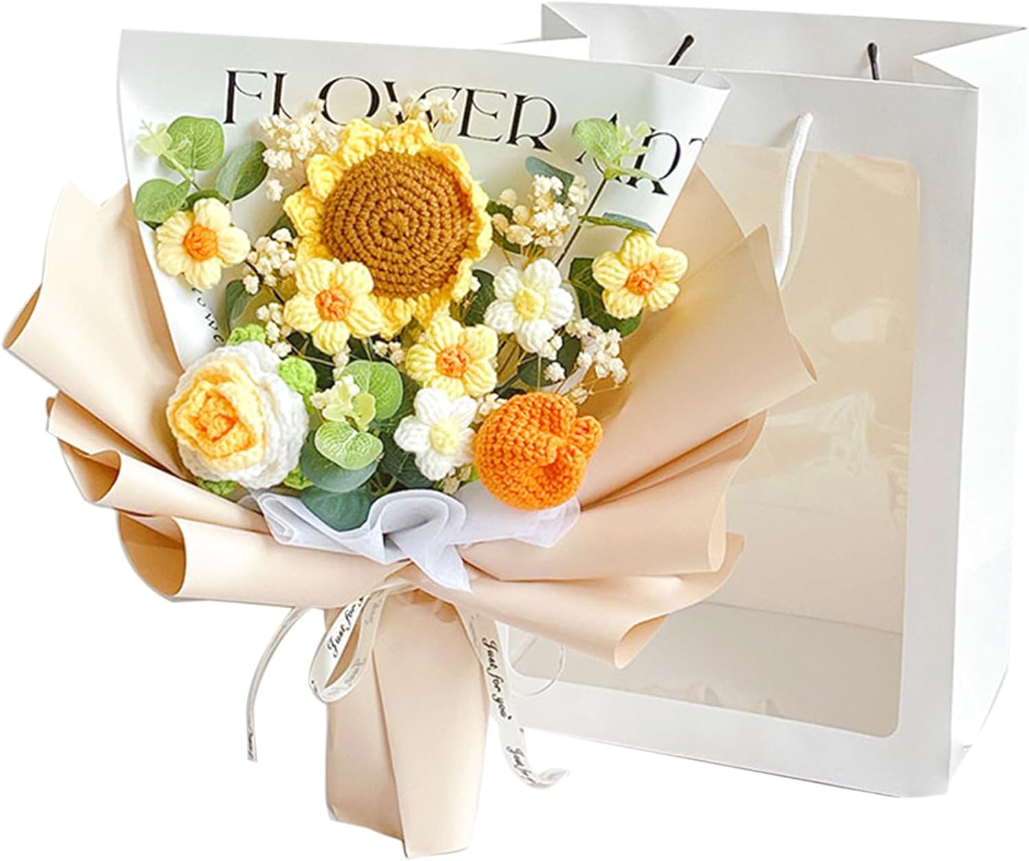 Luckybundle Crochet Flower Bouquet - Handmade Sunflower, Rose & Tulip with Baby'S Breath - Hypoallergenic Gift for Women, Mother'S Day, Get Well - Includes Gift Bag & Card