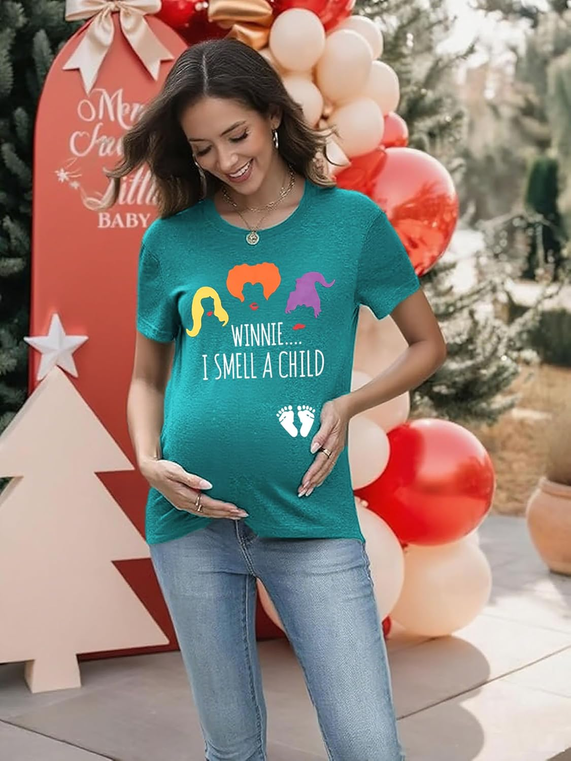 HEYO Halloween Pregnancy Shirt Sanderson Sister Witch Graphic Funny Cute Smell Child Letter Print Maternity Short Sleeve Tee image number 2