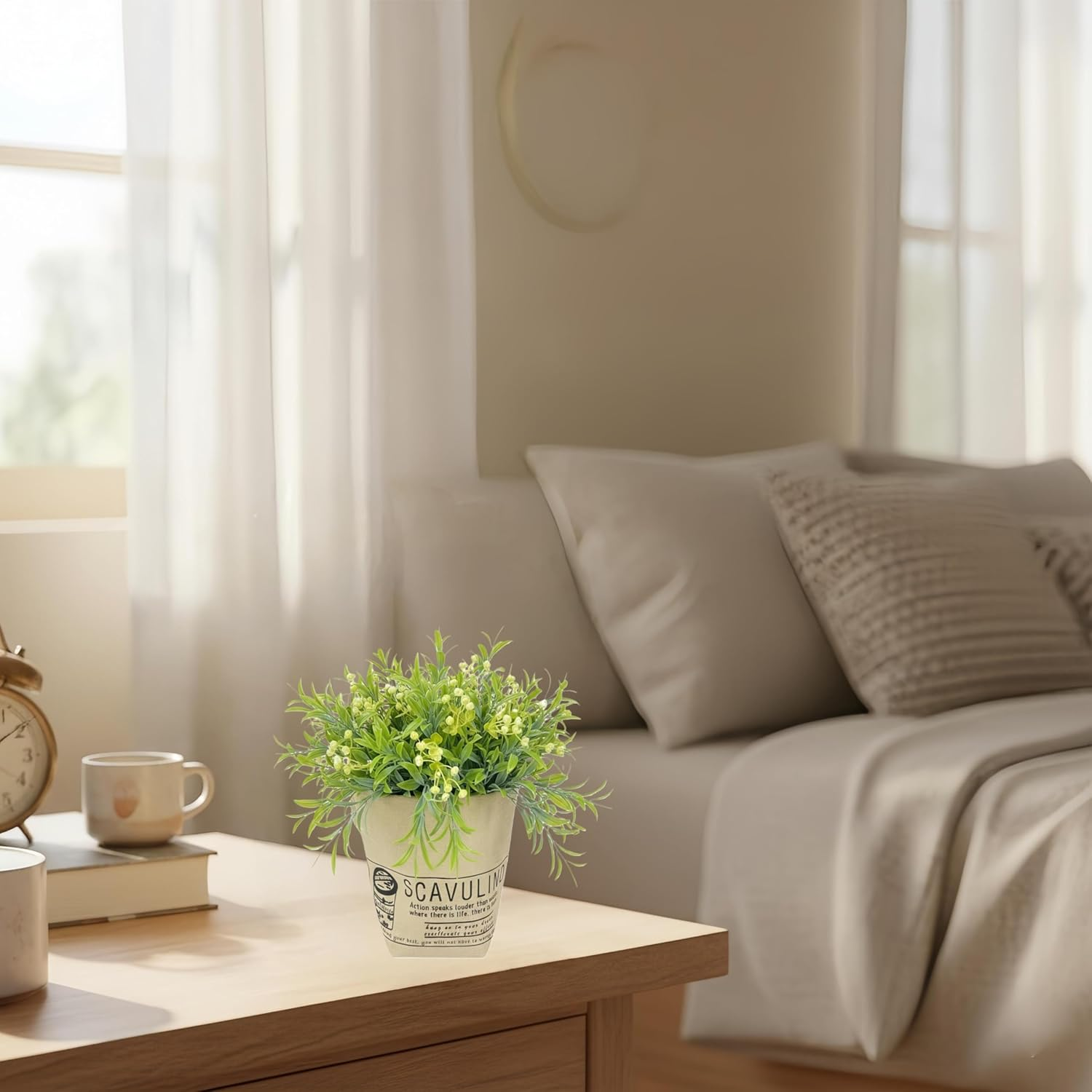 N&zwnj;Oristyle White Artificial Flowers with Burlap Bag &ndash; Subtle Sheen Small Potted Fake Plastic Baby'S Breath Flowers 6-Pack for Spring Summer Home Indoor Table Wedding Outdoor Porch Garden Decor image number 3