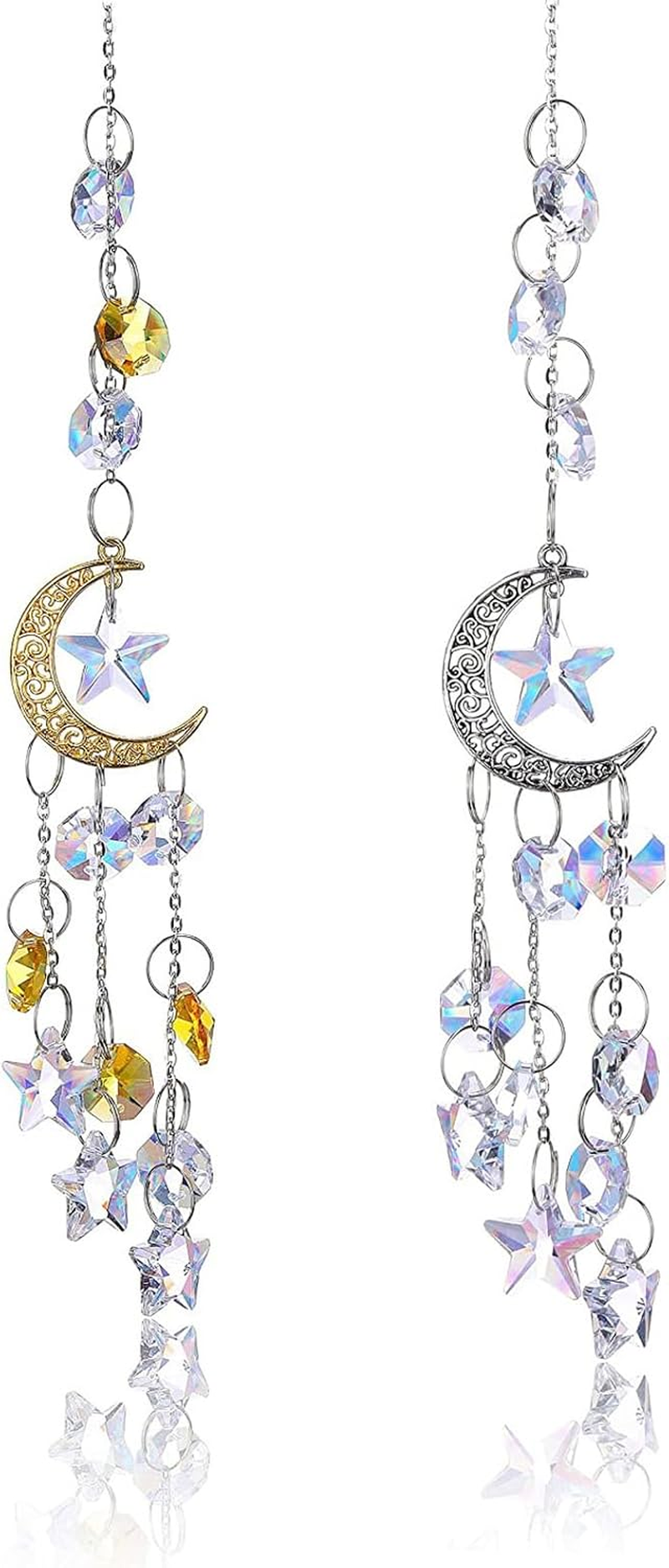 2Pcs Hanging Crystal Sun Catcher, Moon Star Crystal Prism Chain Rainbow Sun Catcher, Home Garden Windows Car Indoor Outdoor, Wedding Decoration (Gold + Silver) image number 4
